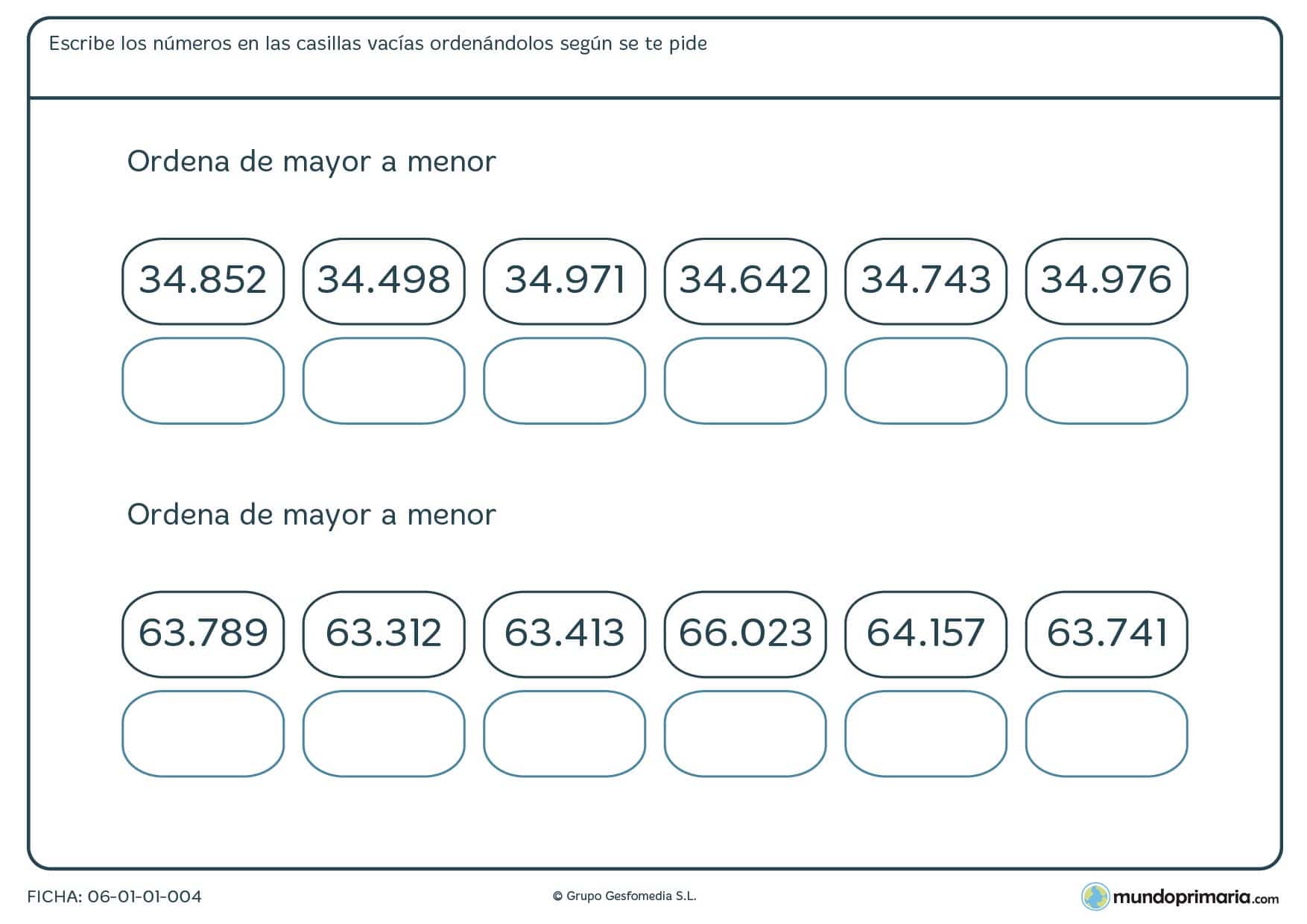 Ficha De Ordenar De Mayor A Menor Para Primaria