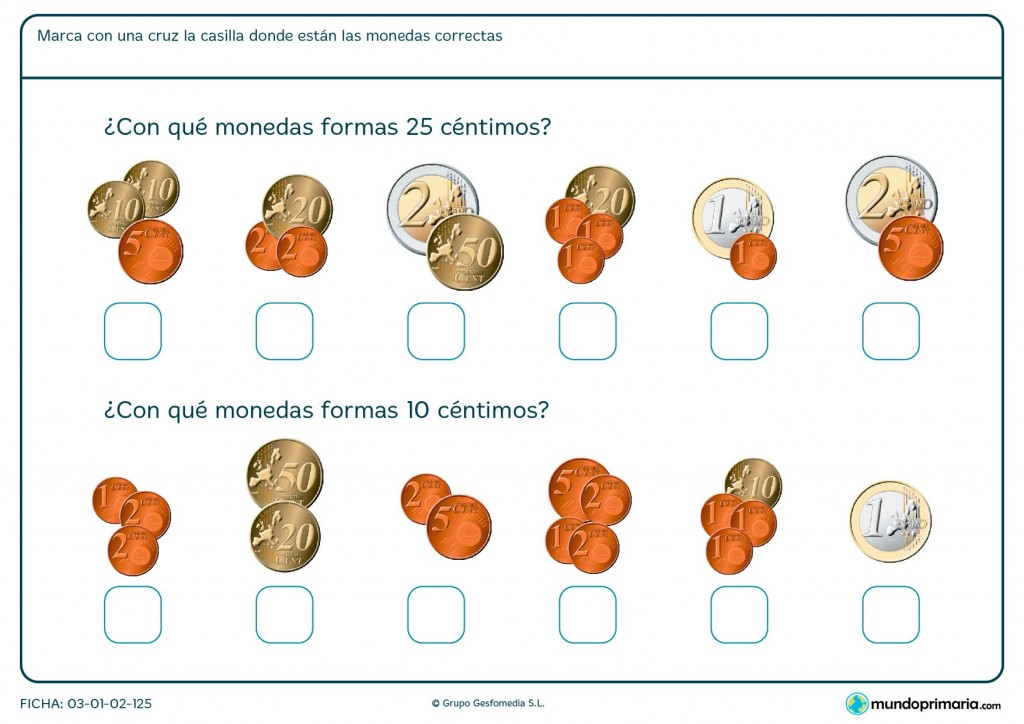 Ficha de elegir monedas para Primaria