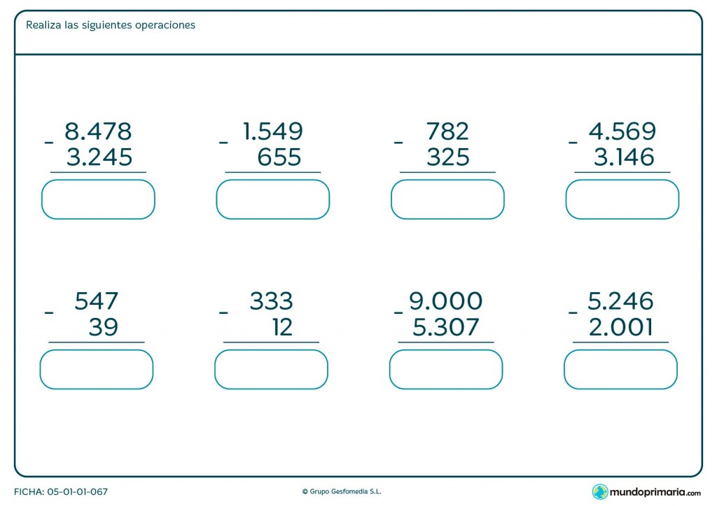 Ficha de resolver restas de números de hasta 4 cifras para Primaria