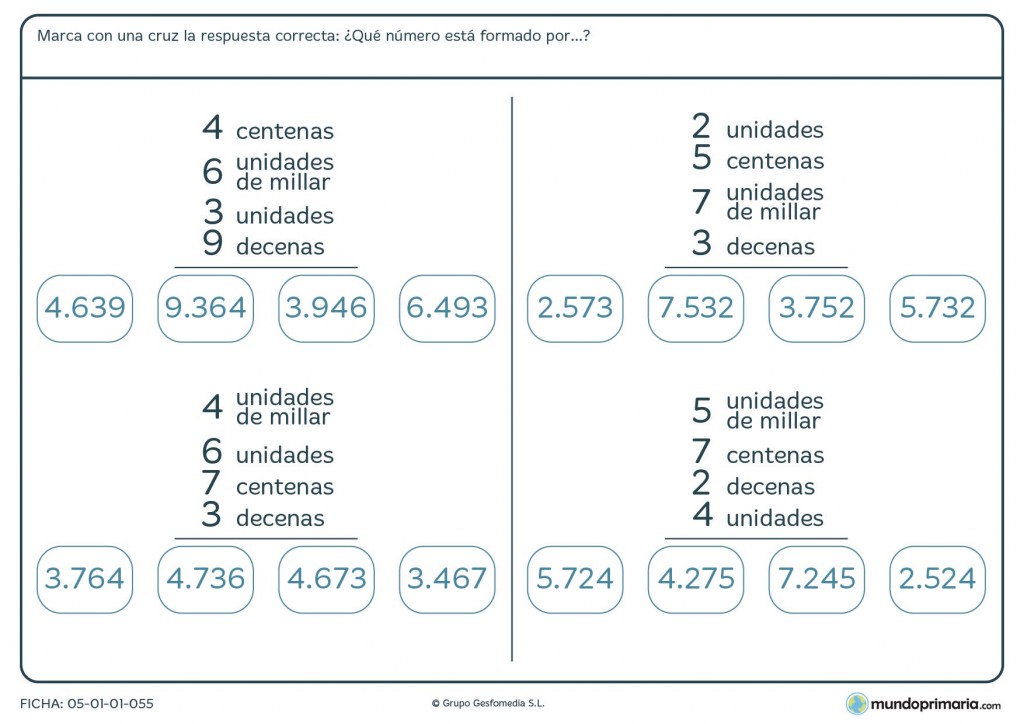Ficha de señalar la cifra con unidades de millar para Primaria