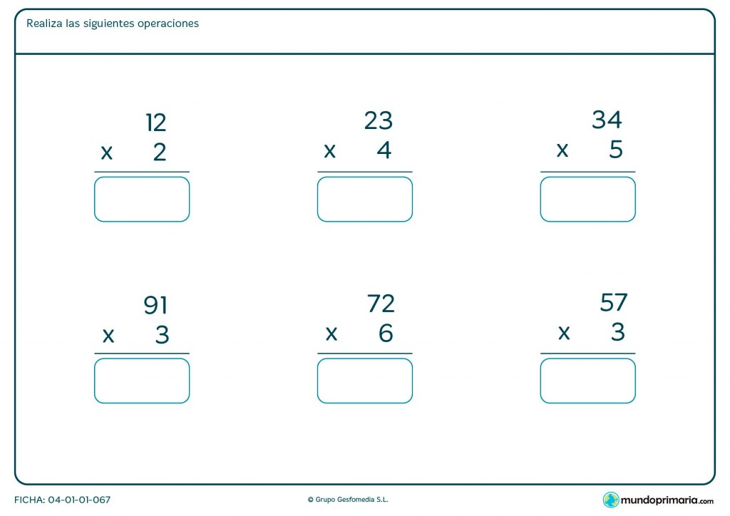 Ficha de realizar multiplicaciones sencillas para Primaria