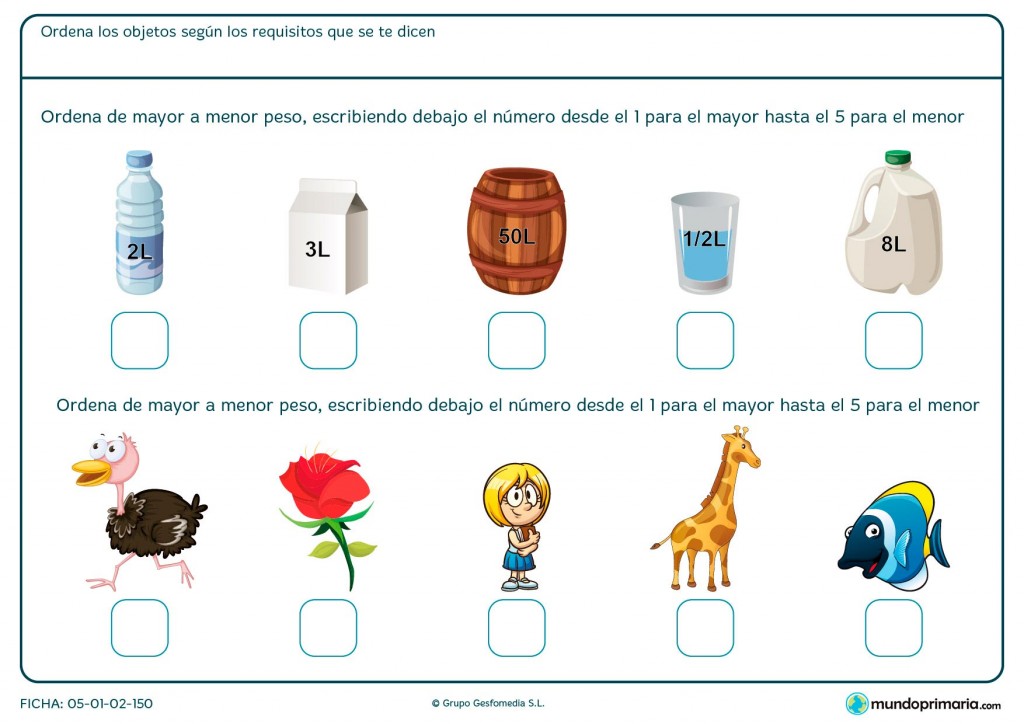 Ficha de observar las imágenes para ordenar el peso para Primaria