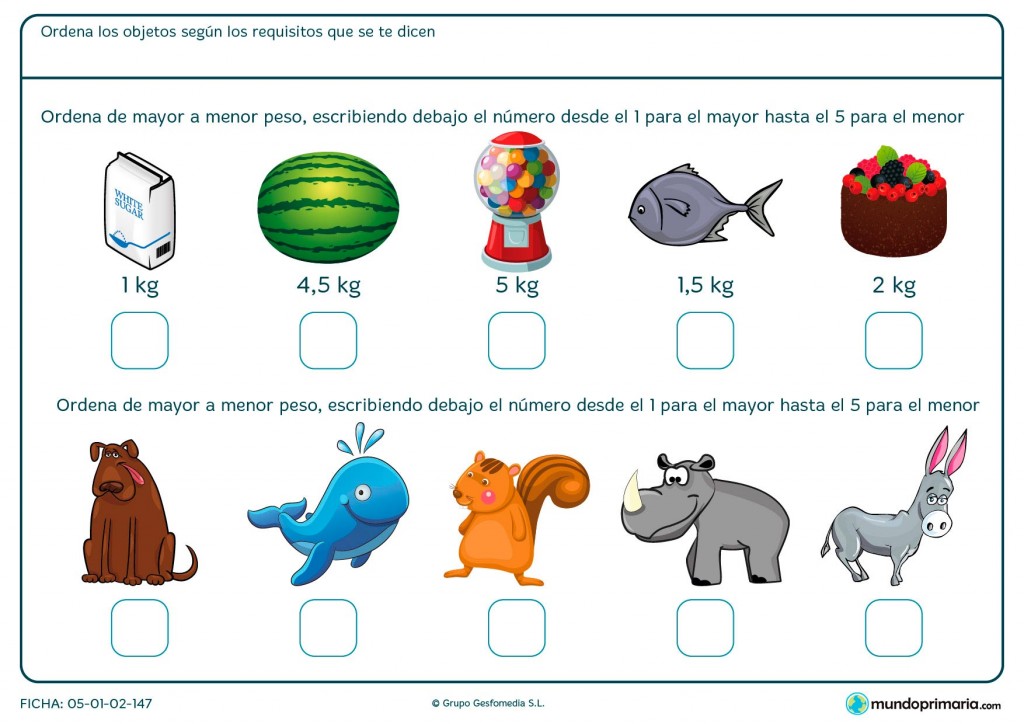 Ficha de ordenar pesos para Primaria