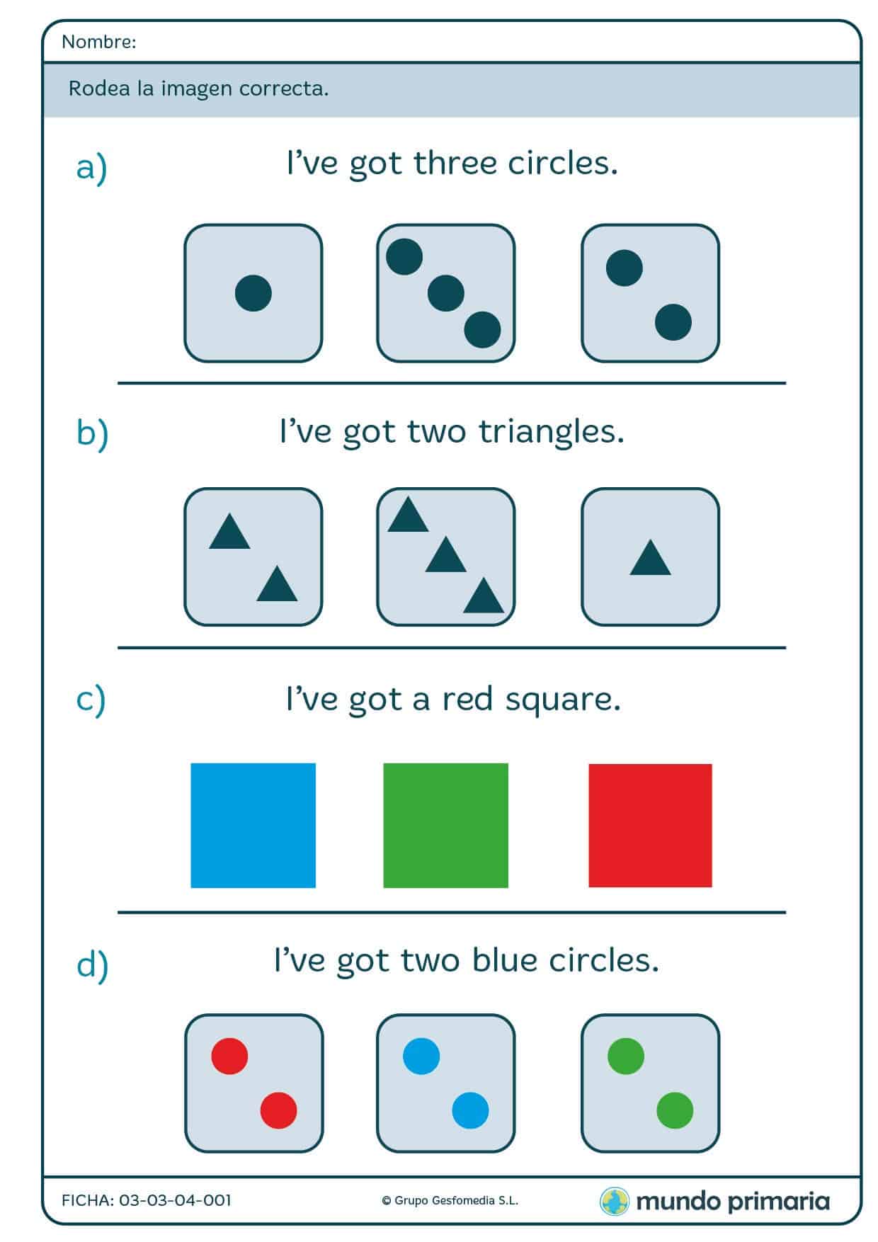 Ficha del verbo tener en inglés para 1º de primaria
