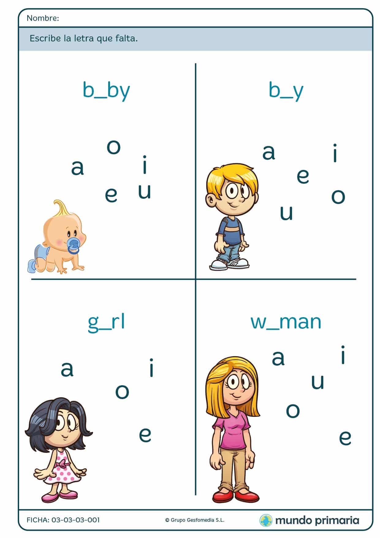 Ficha de completar la palabra en inglés para niños de primaria