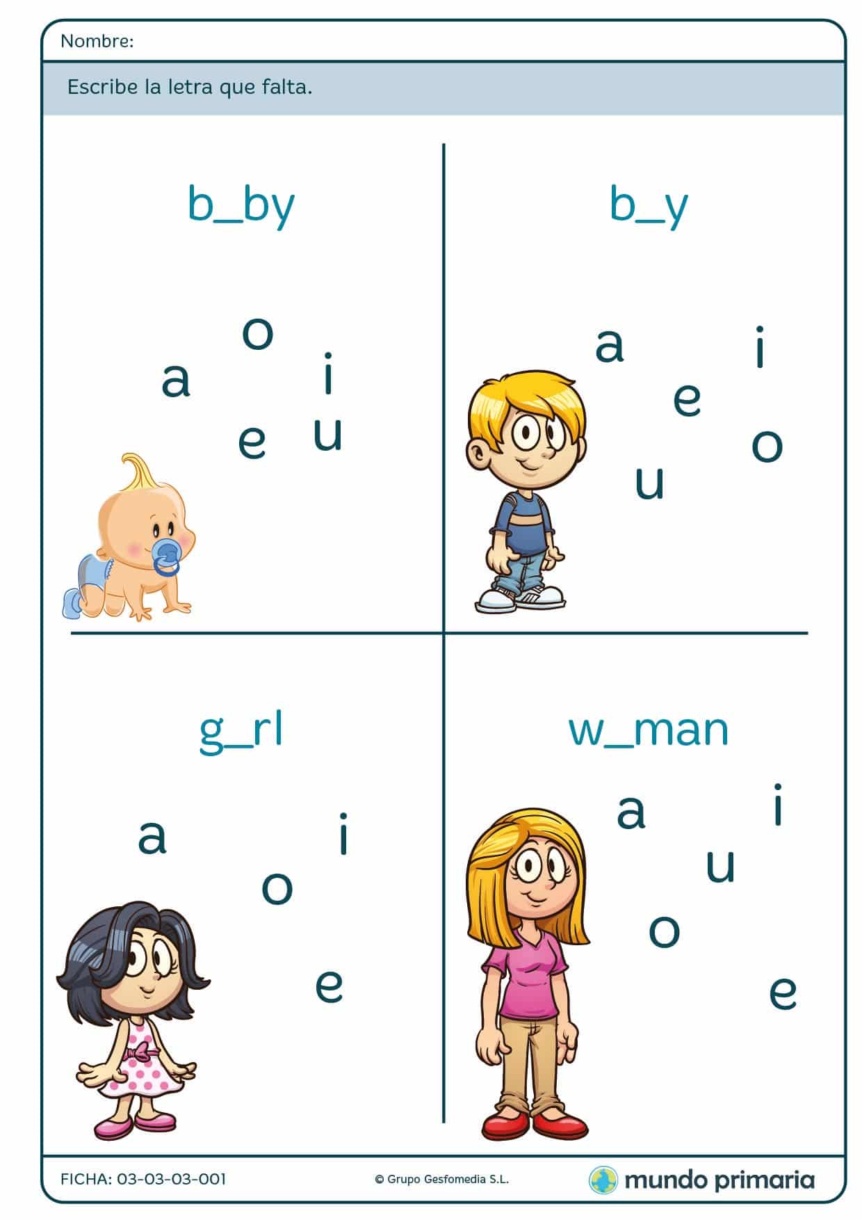 Ficha de completar la palabra en inglés para niños de primaria
