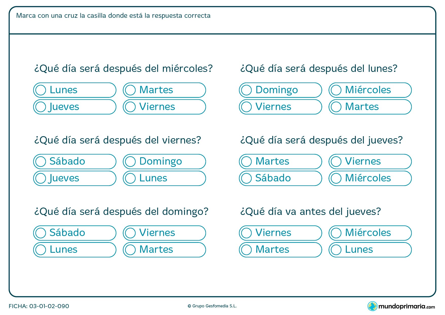 Ficha de días para primaria. Descarga esta ficha de días de manera gratuita