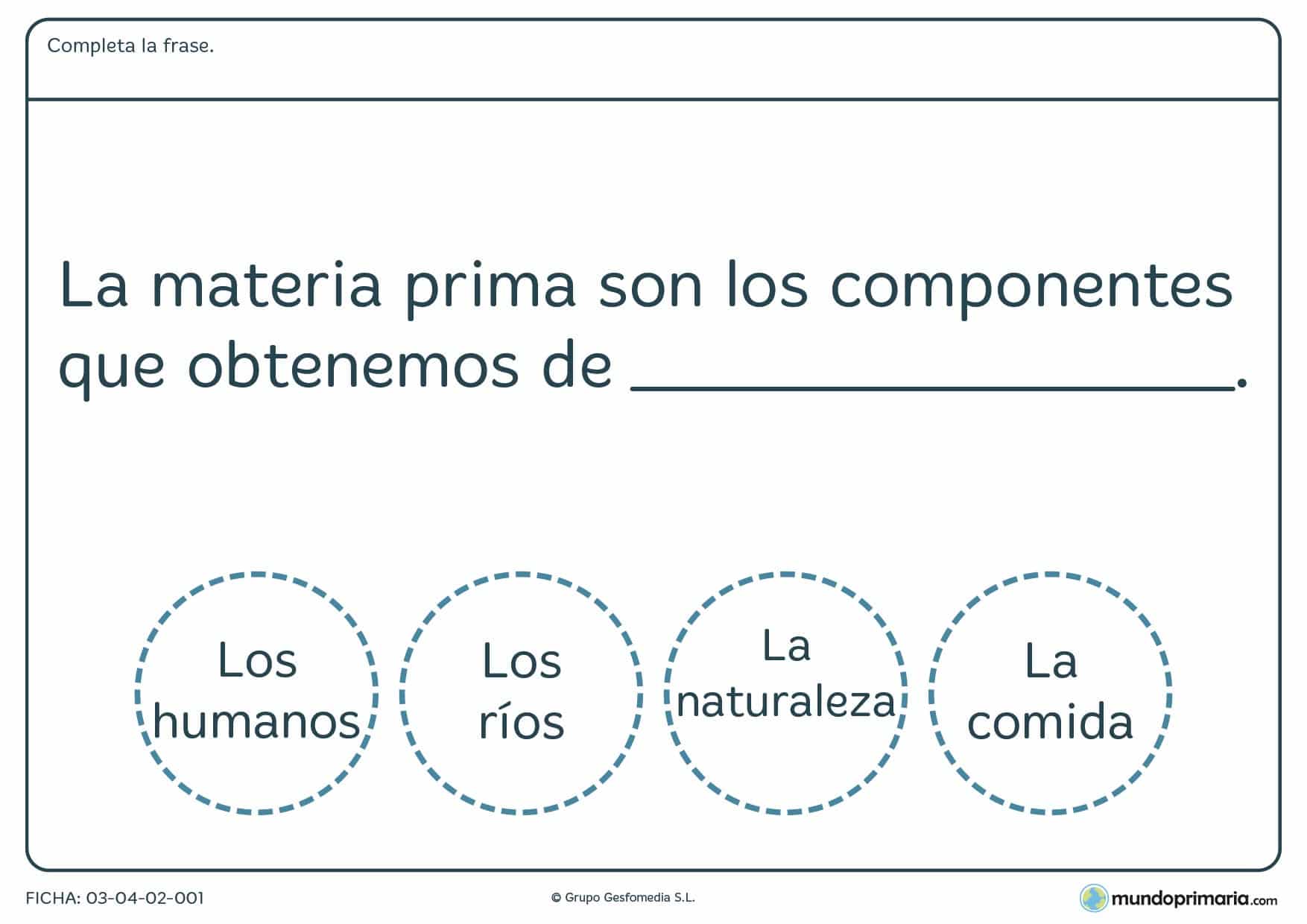 Ficha de la materia prima con ejercicios para niños sobre la materia prima