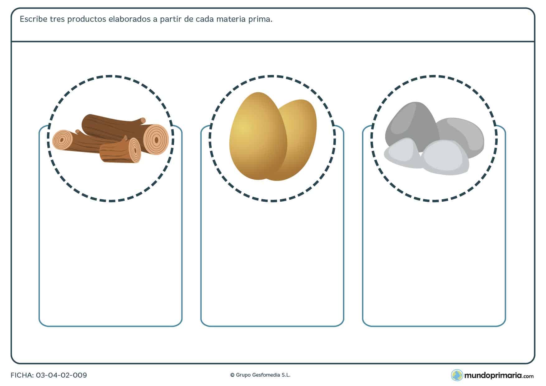 Ficha para imprimir sobre los derivados de la materia prima, ejercicio para niños de primaria en la ficha de los derivados de la materia prima