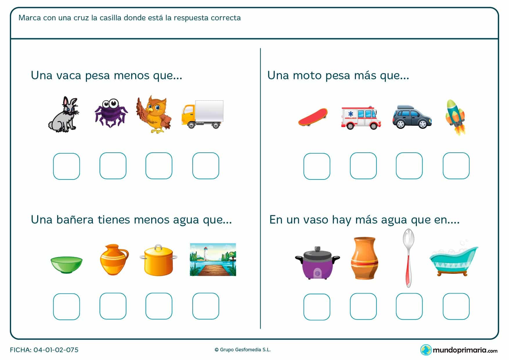 Ficha de pesos para niños de primaria. Refuerzo para los niños de primaria en esta ficha de pesos