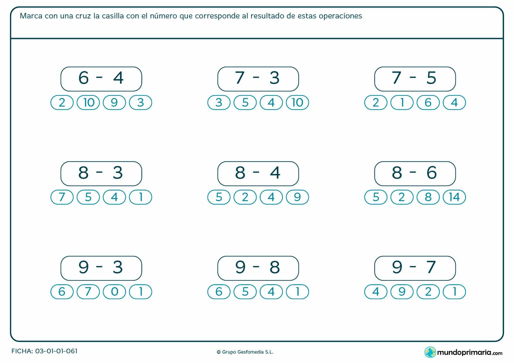 Ficha de restar para niños de primaria con la que repasar. Descargar ficha de restar para primaria