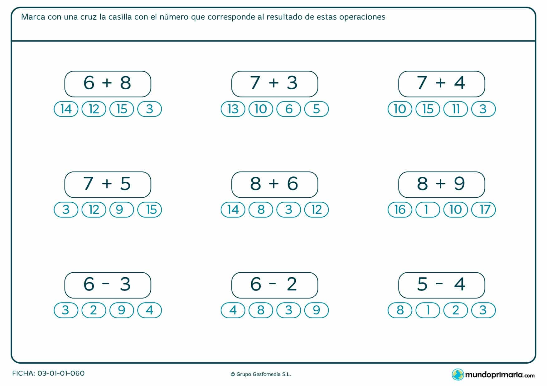 En esta ficha de sumar para primaria se debe marcar la respuesta correcta. Ficha de sumar para descargar gratis
