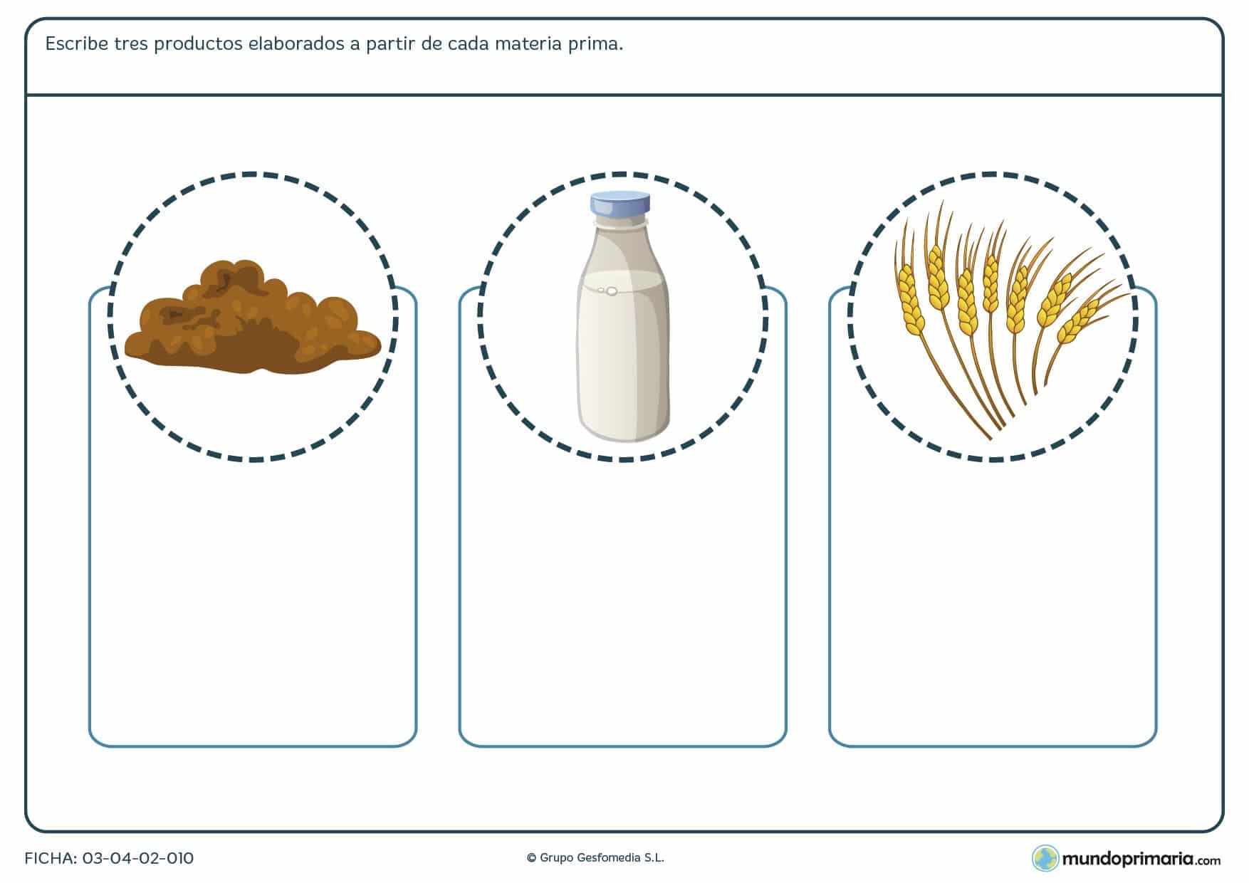 En esta ficha del proceso de la materia prima para niños de primaria donde realizan ejercicios sobre la materia prima y su proceso