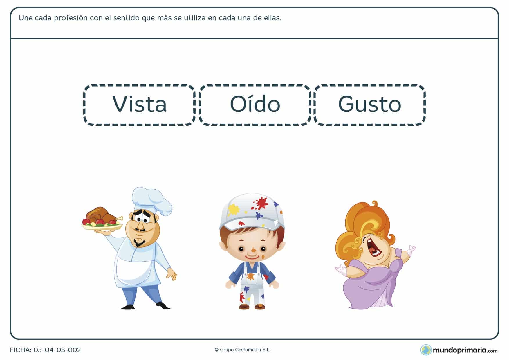 Ficha del sentido utilizado en cada profesión donde los niños de primaria asocian los sentidos que se emplean en distintas profesiones