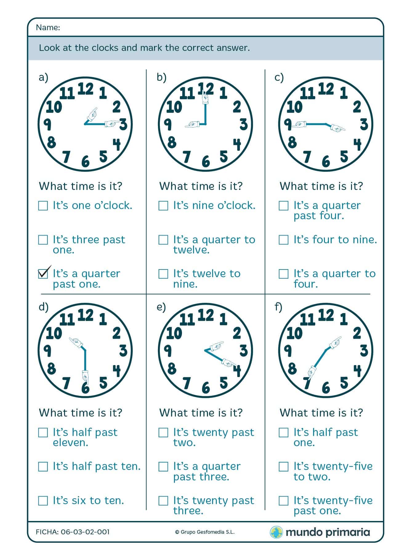Ficha de what time is it para niños de 9 a 10 años