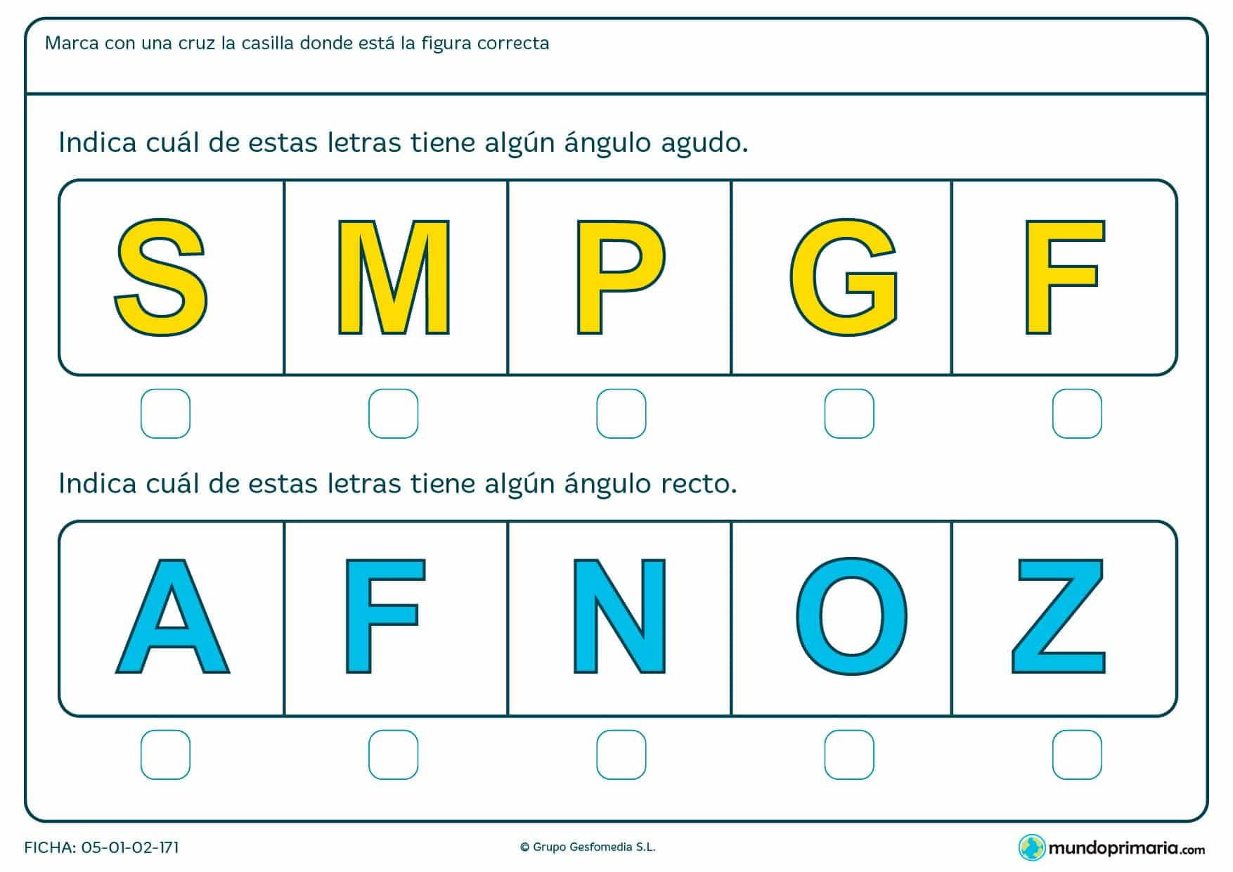 Ficha de ángulo de la F y otras mayúsculas en la que habrás de encontrar los ángulos que forman.