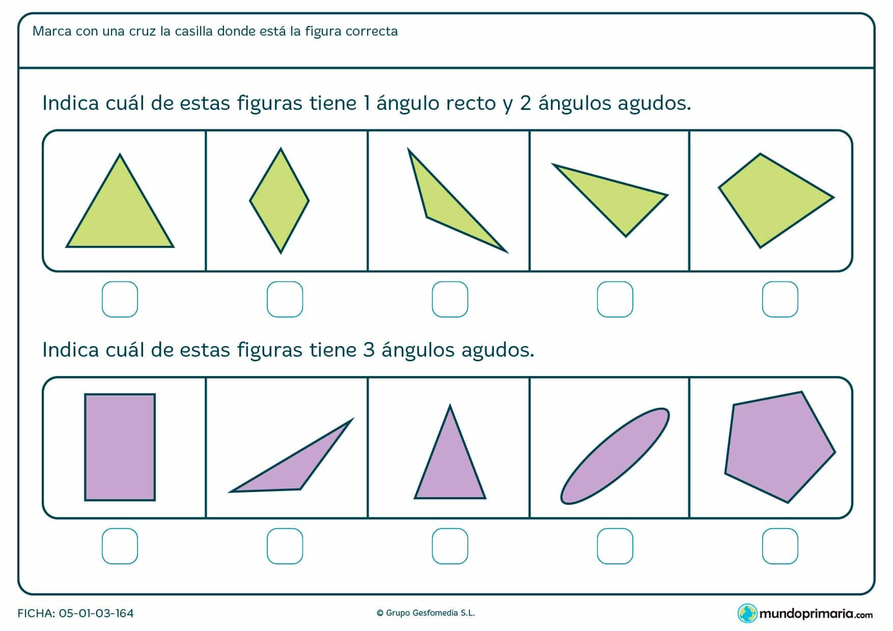 Ficha de ángulos agudos en la que te pedimos que encuentres una figura que tenga los ángulos que te nombramos.