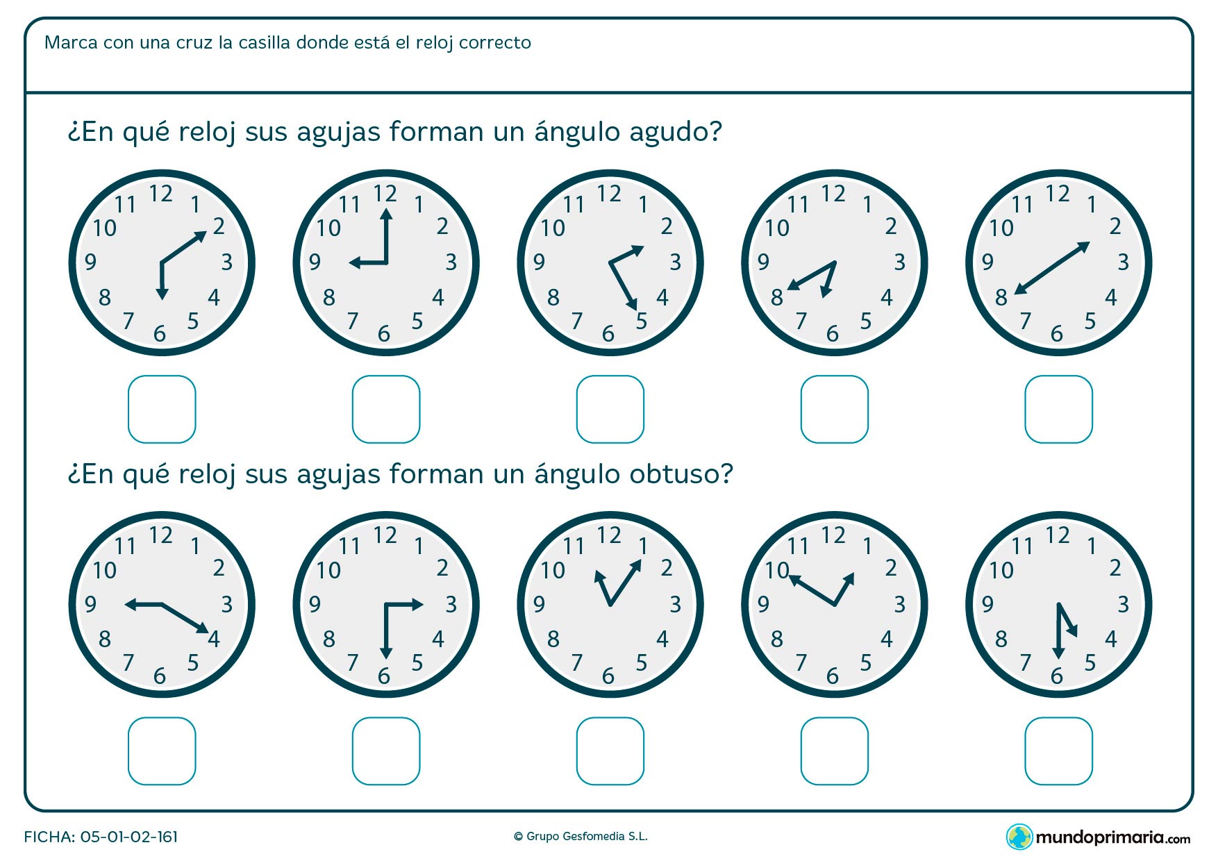 Ficha de ángulos de manecillas de reloj. Has de reconocer el ángulo que forman estas y marcar la respuesta correcta.