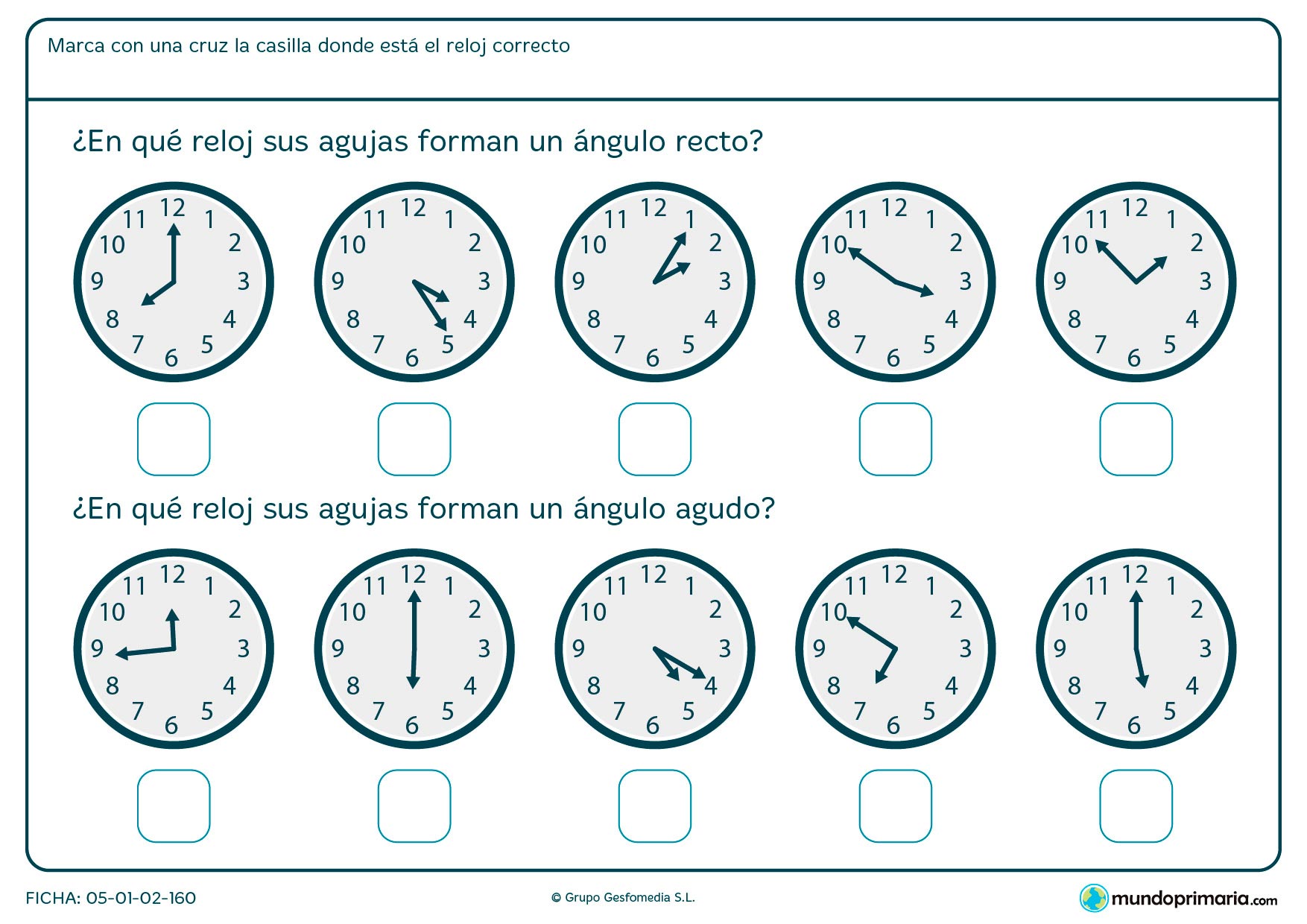 Ficha de ángulos de reloj en la que deberás marcar la respuesta correcta sobre el ángulo que forman sus agujas.