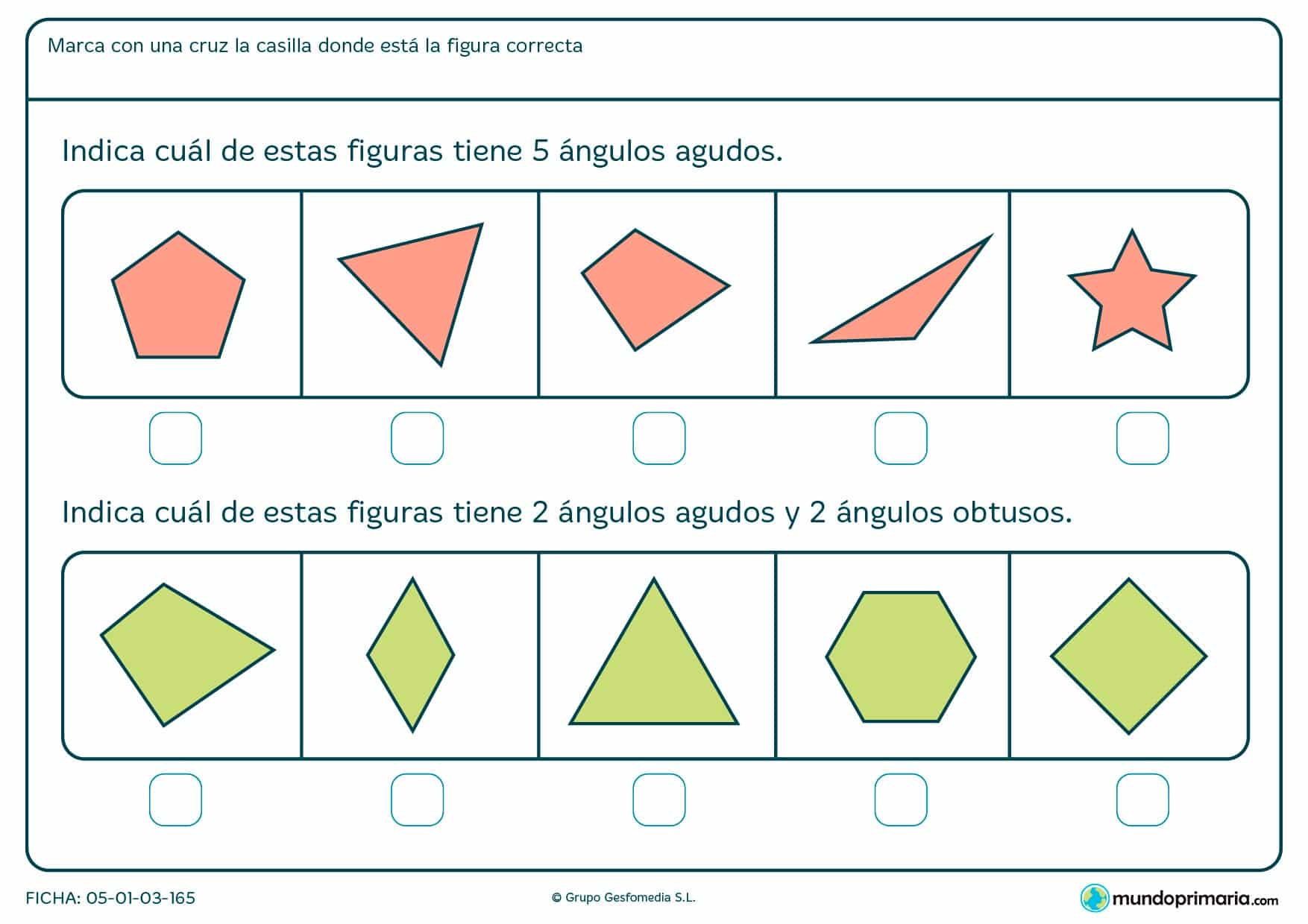 Ficha de ángulos obtusos y agudos en la que tendrás que contarlos y señalar la figura correcta que cumpla esas condiciones.