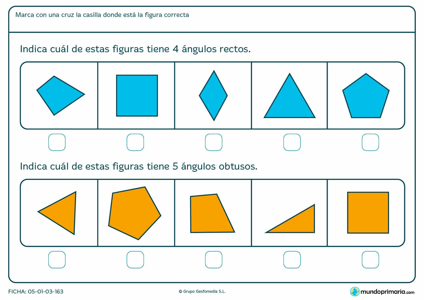 Ficha de ángulos rectos y obtusos en esta ficha de figuras geométricas en la que deberás señalar la respuesta correcta.