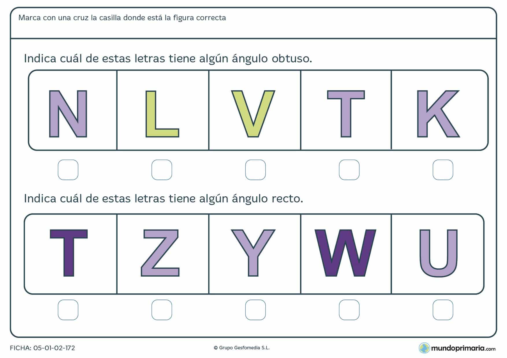 Ficha de L y su ángulo a parte de otras letras mayúsculas más. Busca ángulos en sus formas y responde a la pregunta correctamente.