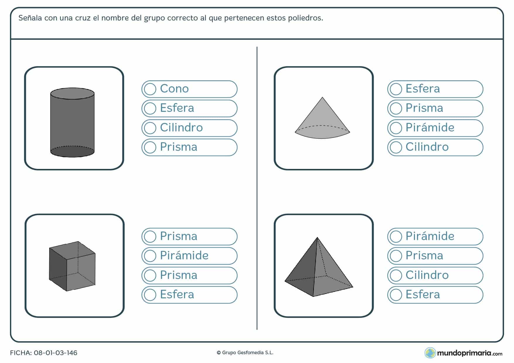 Ficha de acertar poliedros marcando el grupo al que pertenece cada uno de los mostrados.