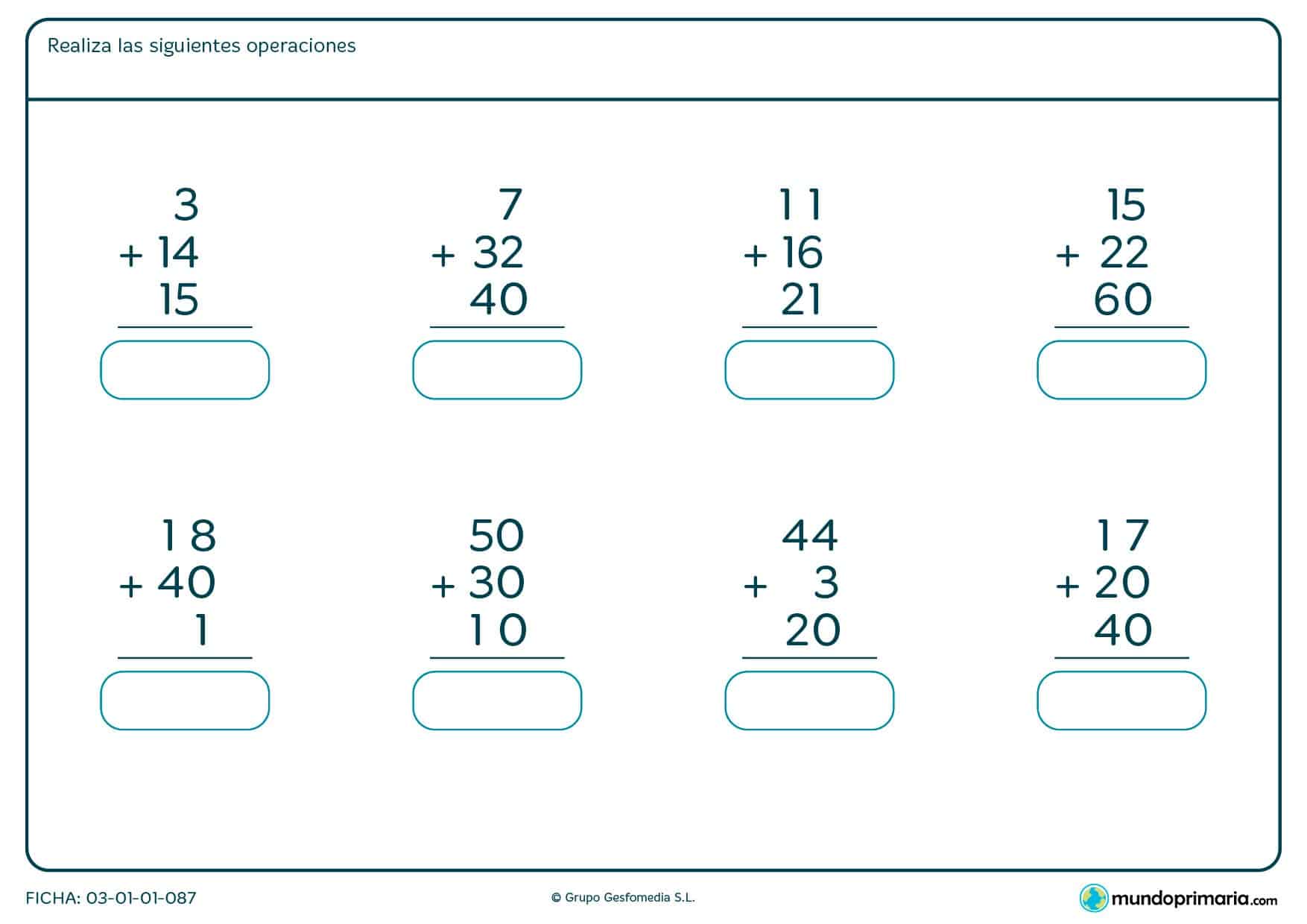 Ficha de adición de 3 números de 2 cifras y 9 operaciones. Suma directamente en la misma ficha.
