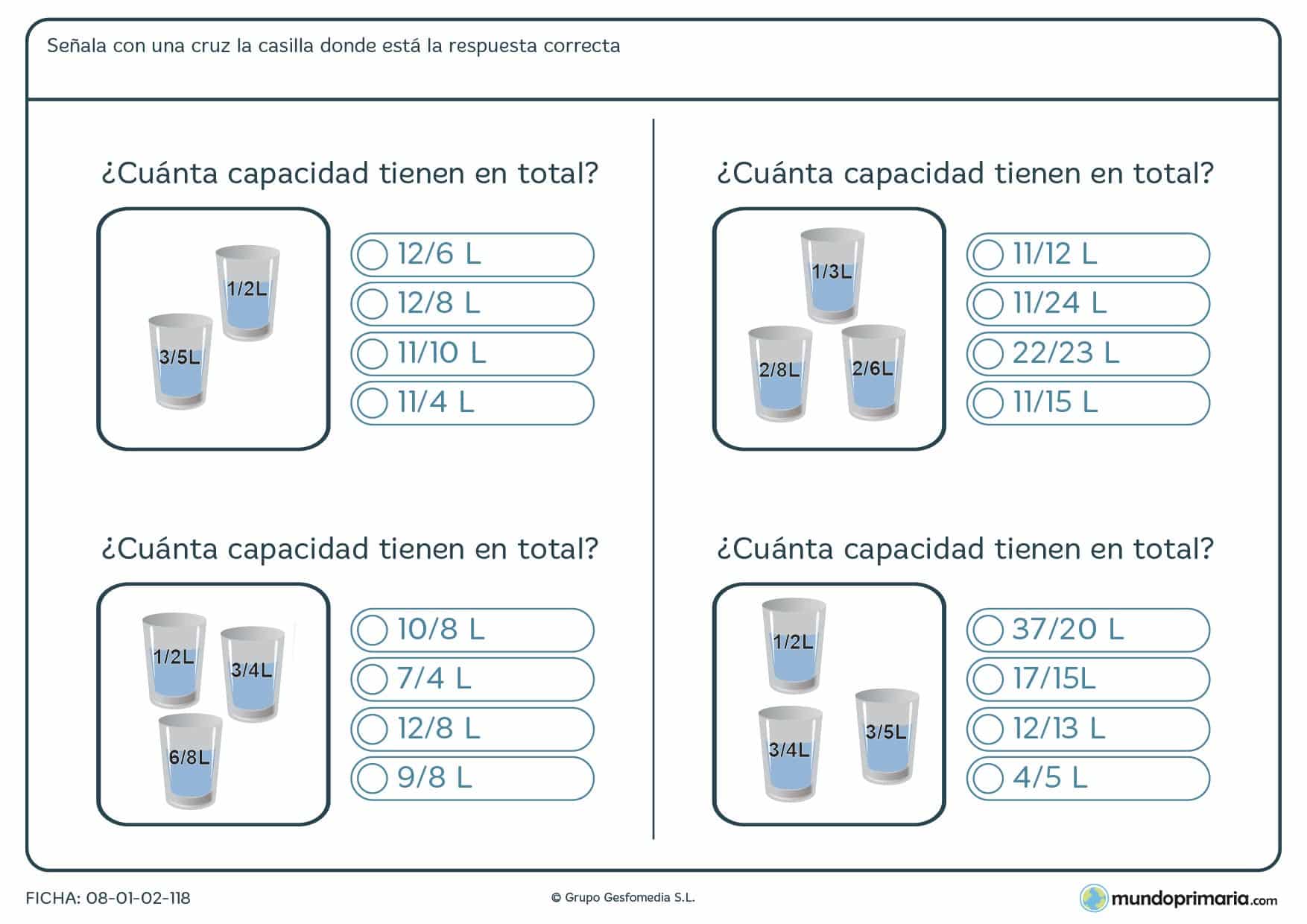 Ficha de adición de capacidades de vasos de líquidos con diferente cantidad de contenido.