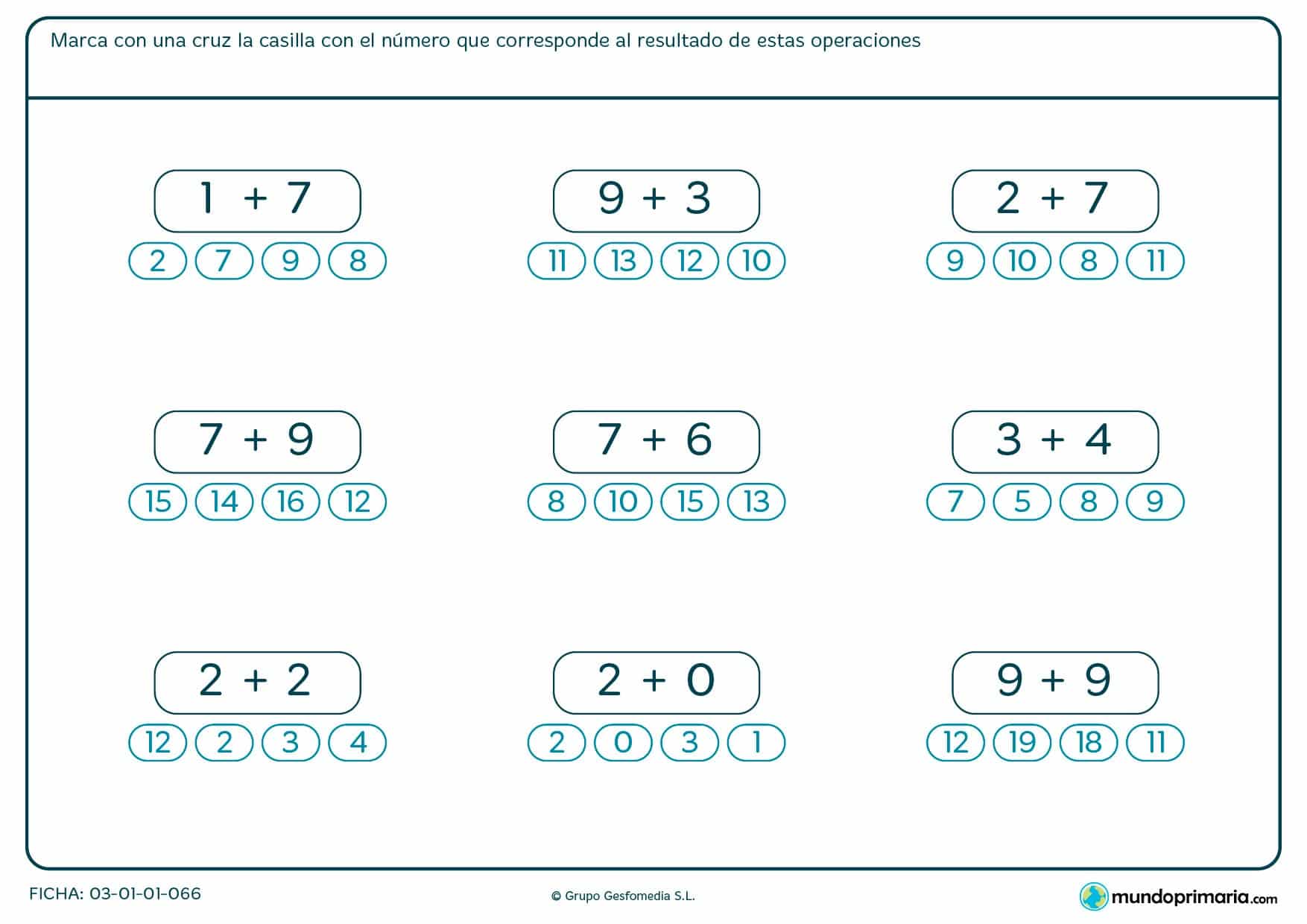 Ficha de adición de dos números con 4 soluciones posibles pero solo una de ellas correcta.