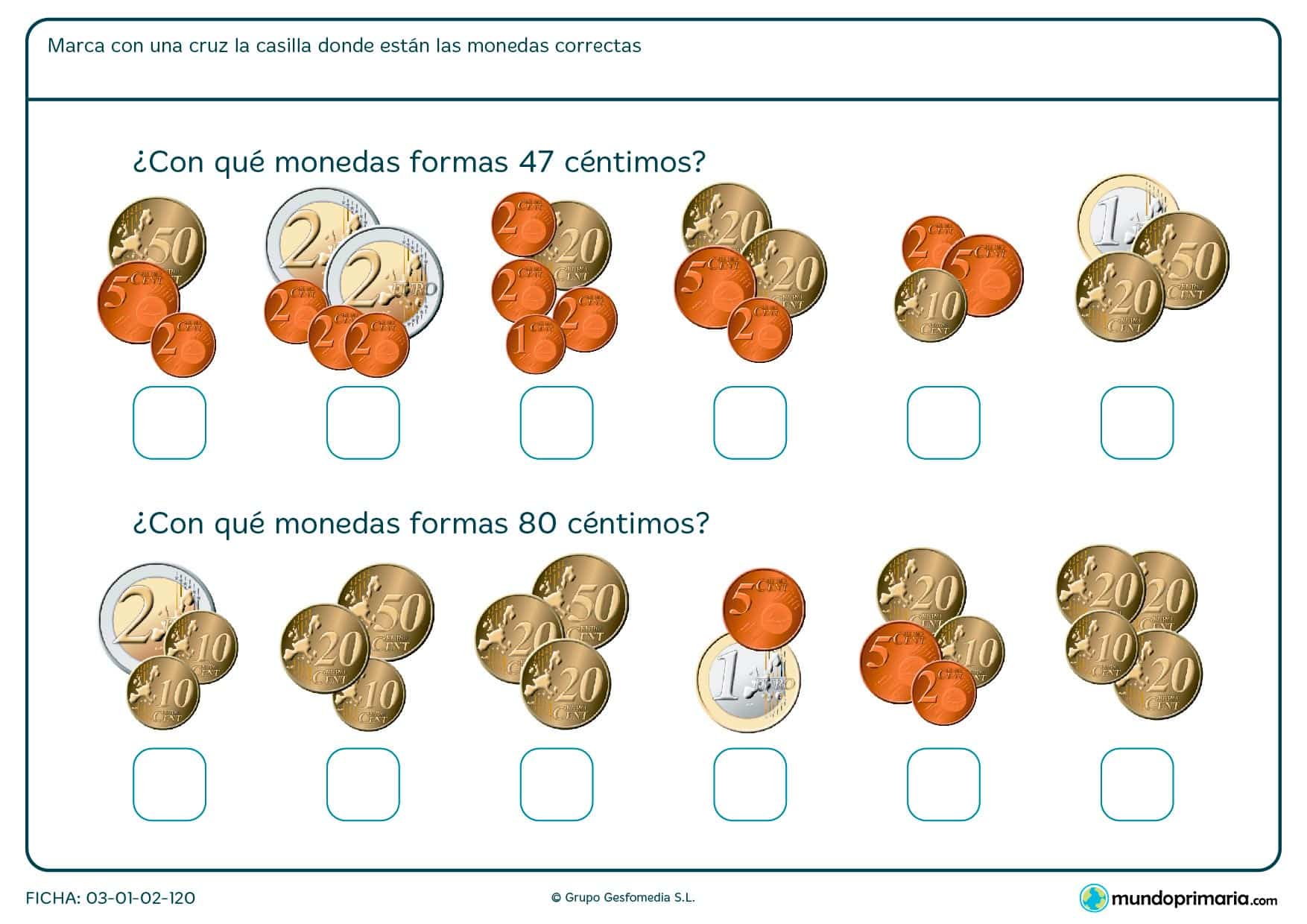 Ficha de adición de monedas indicando cuál es el grupo que forman 47 céntimos y cuál el de 80 céntimos.