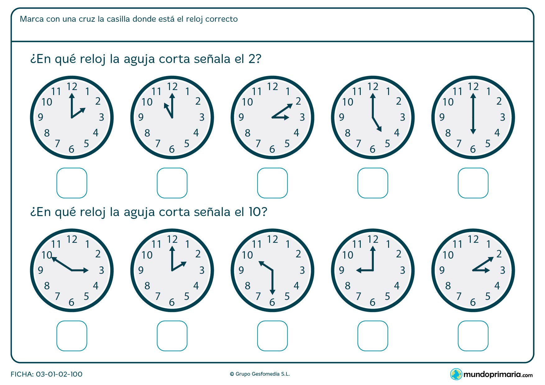 Ficha de aguja corta analógico para decir en qué reloj son las 2 en punto y en cuál las 10 en punto.