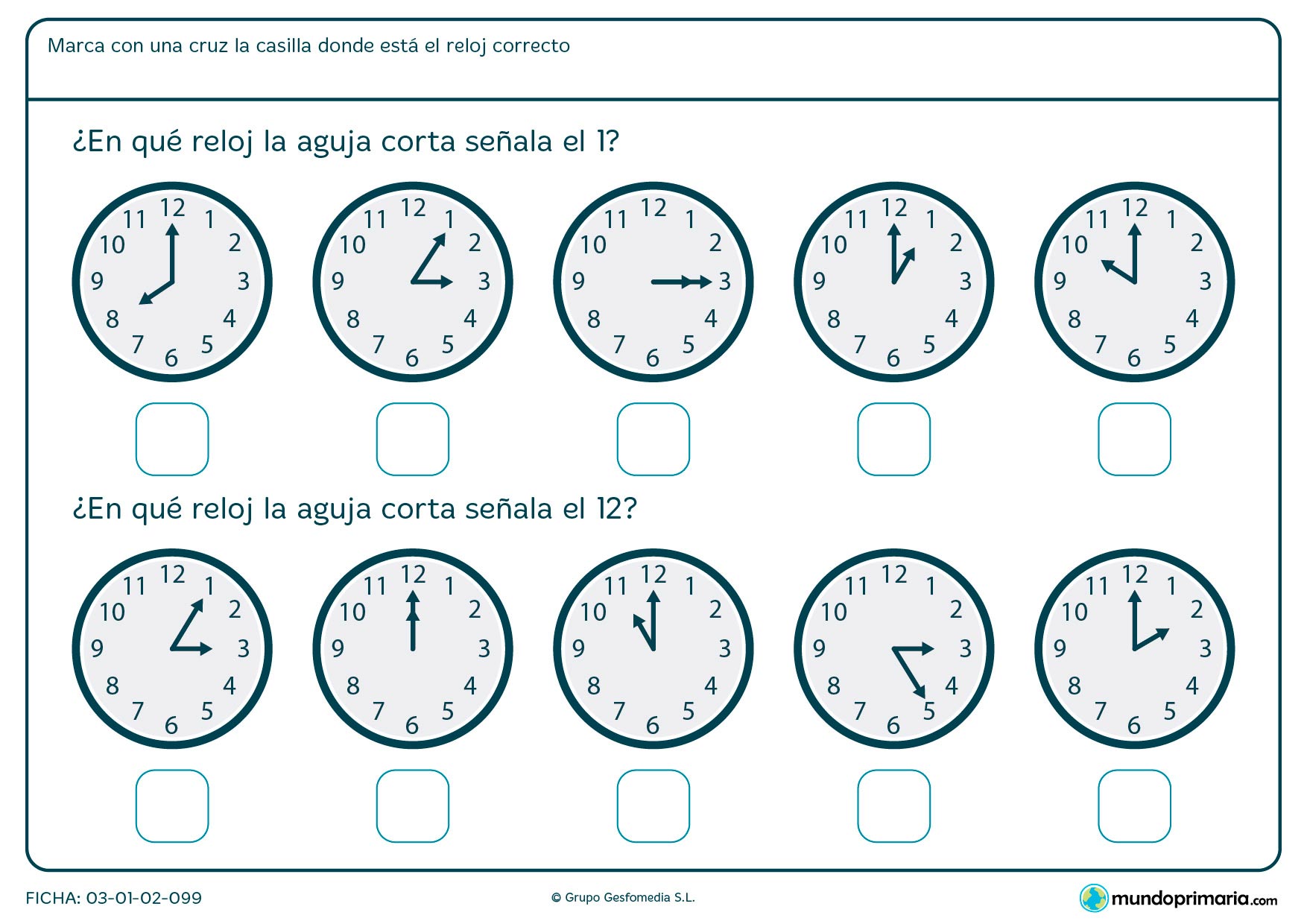 Ficha de aguja corta de reloj en la que tendrás que señalar los relojes que marcan la 1 y las 12 en punto.