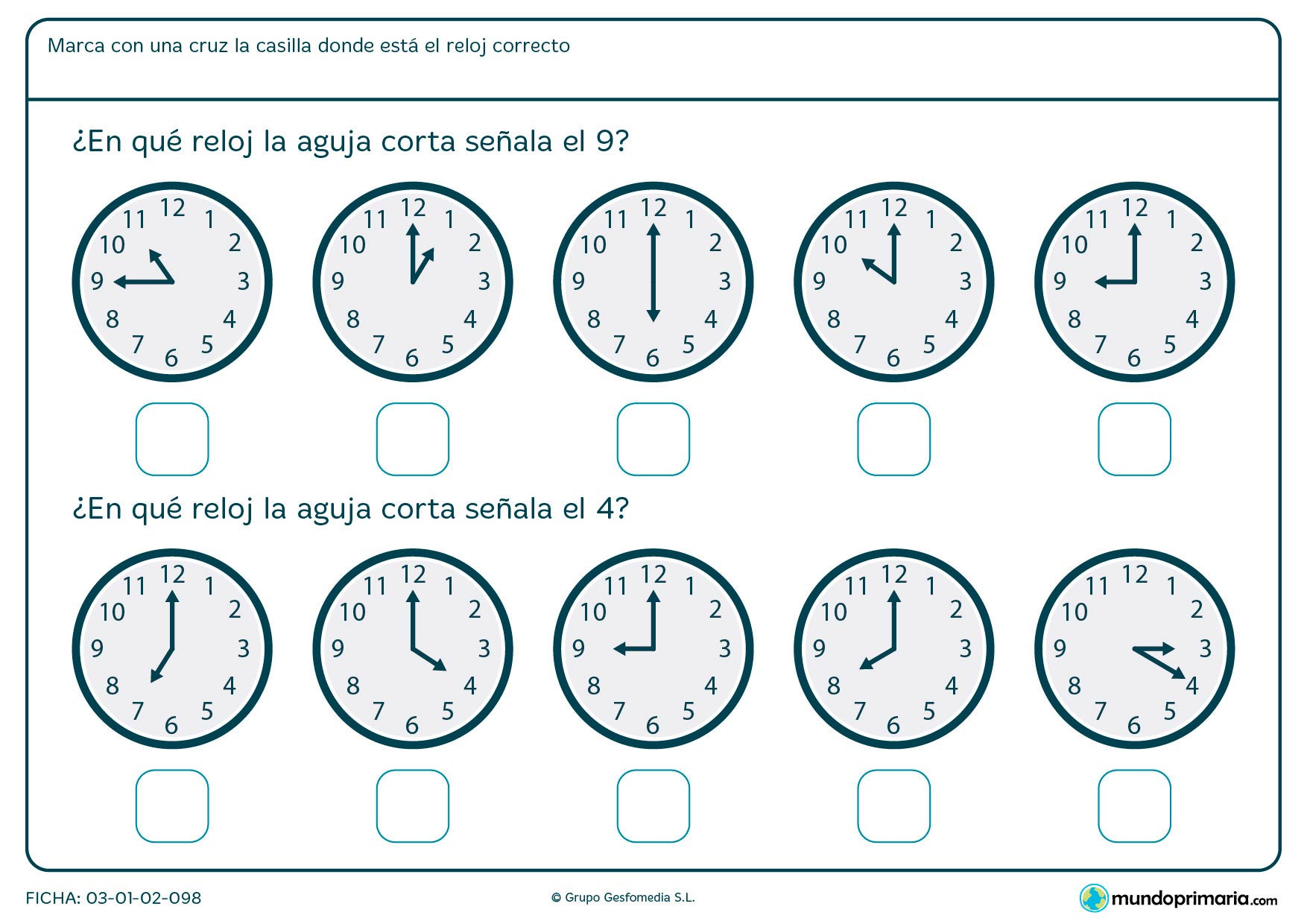 Ficha de aguja de reloj analógico en la que debes señalar los relojes que marcanlas horas en punto que te pedimos.