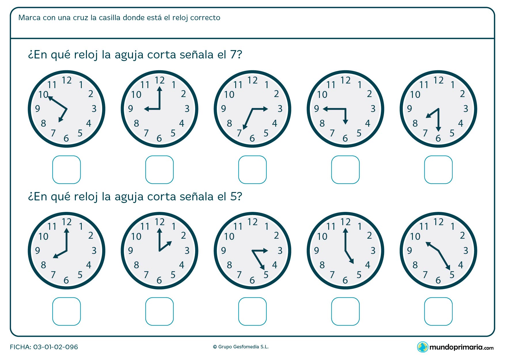 Ficha de aguja de reloj en la que tendrás que señalar los relojes que marcan las 7 y las 5 en punto.