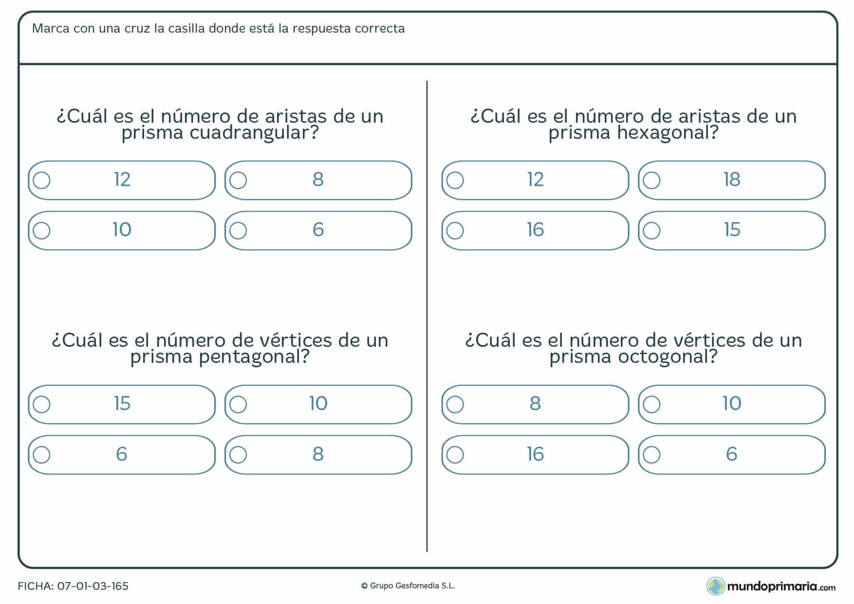 Ficha de aristas de un prisma en la que has de marcar el número de aristas o vértices que tienen.