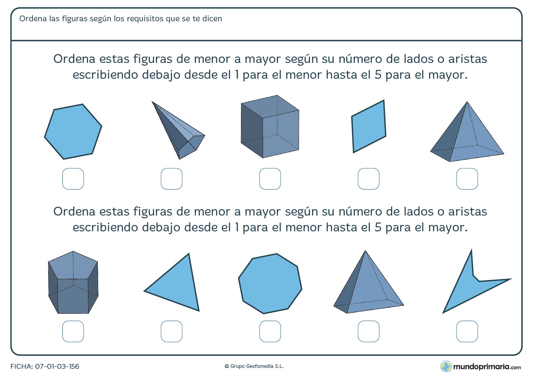 Ficha de aristas y lados en la que deberás ordenarlas de menor a mayor por su número de lados y aristas.