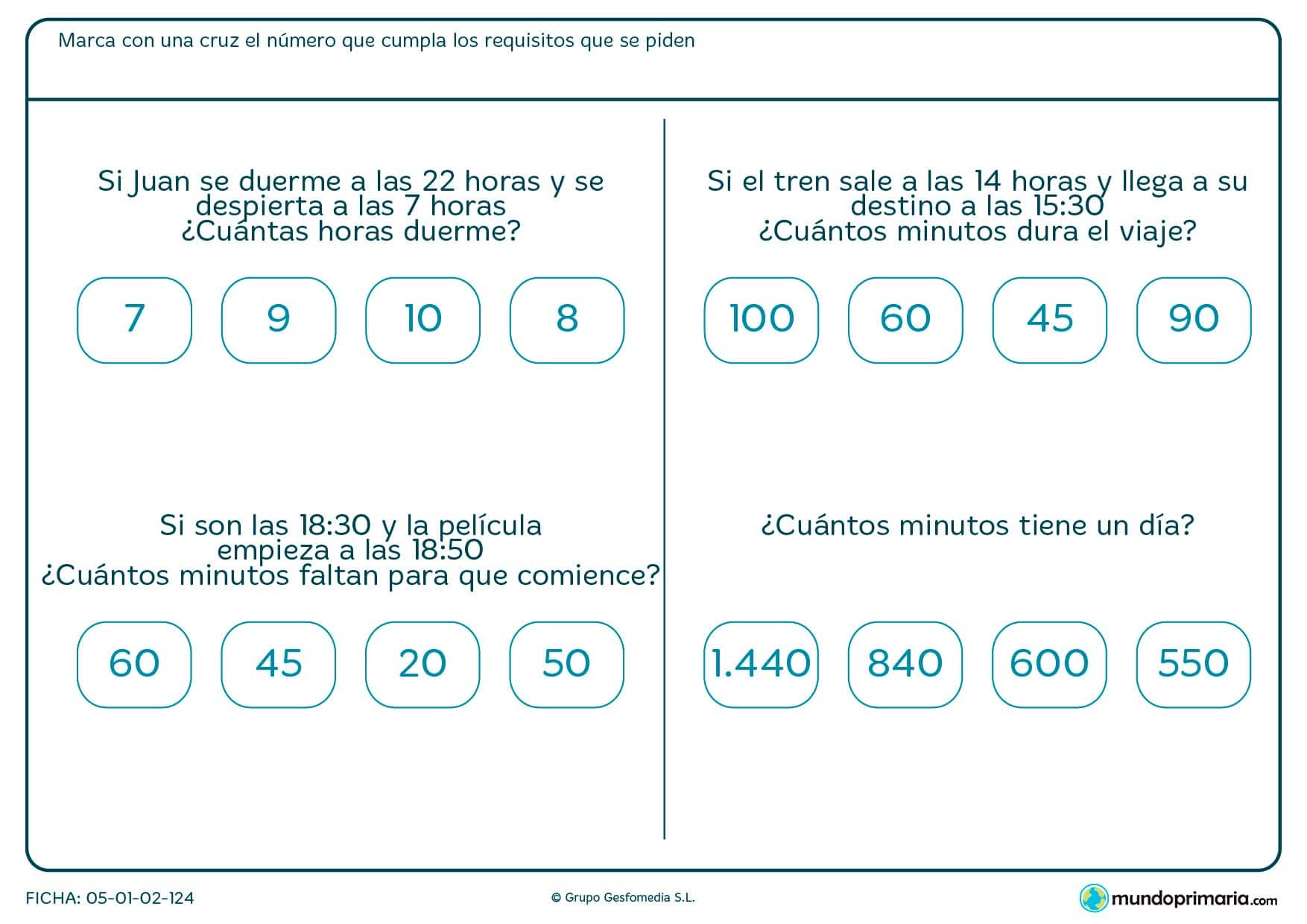 Ficha de averiguar minutos dentro de pequeños problemas relaccionados con el tiempo que tarda o dura una situación cotidiana.