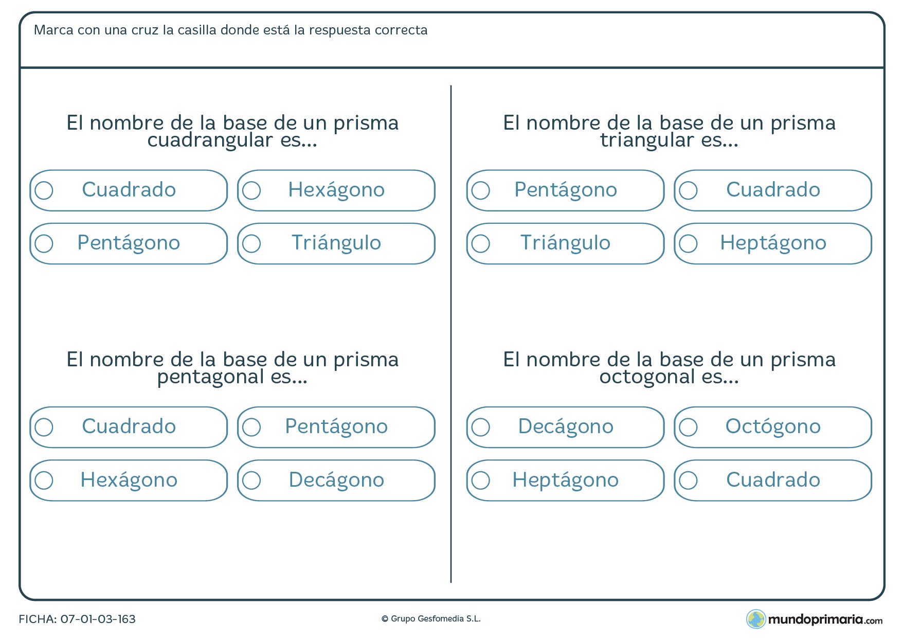 Ficha de base de un prisma en la que te pedimos el nombre de su base indicándote de que prisma se trata.