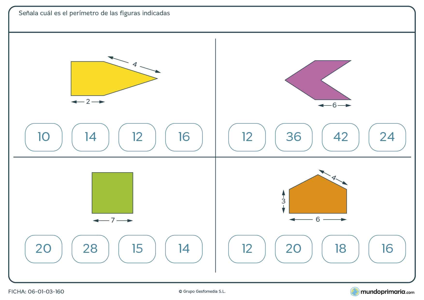 Ficha de cálculo de perímetros que debes de hallar de estas cuatro figuras y marcar los números correctos.