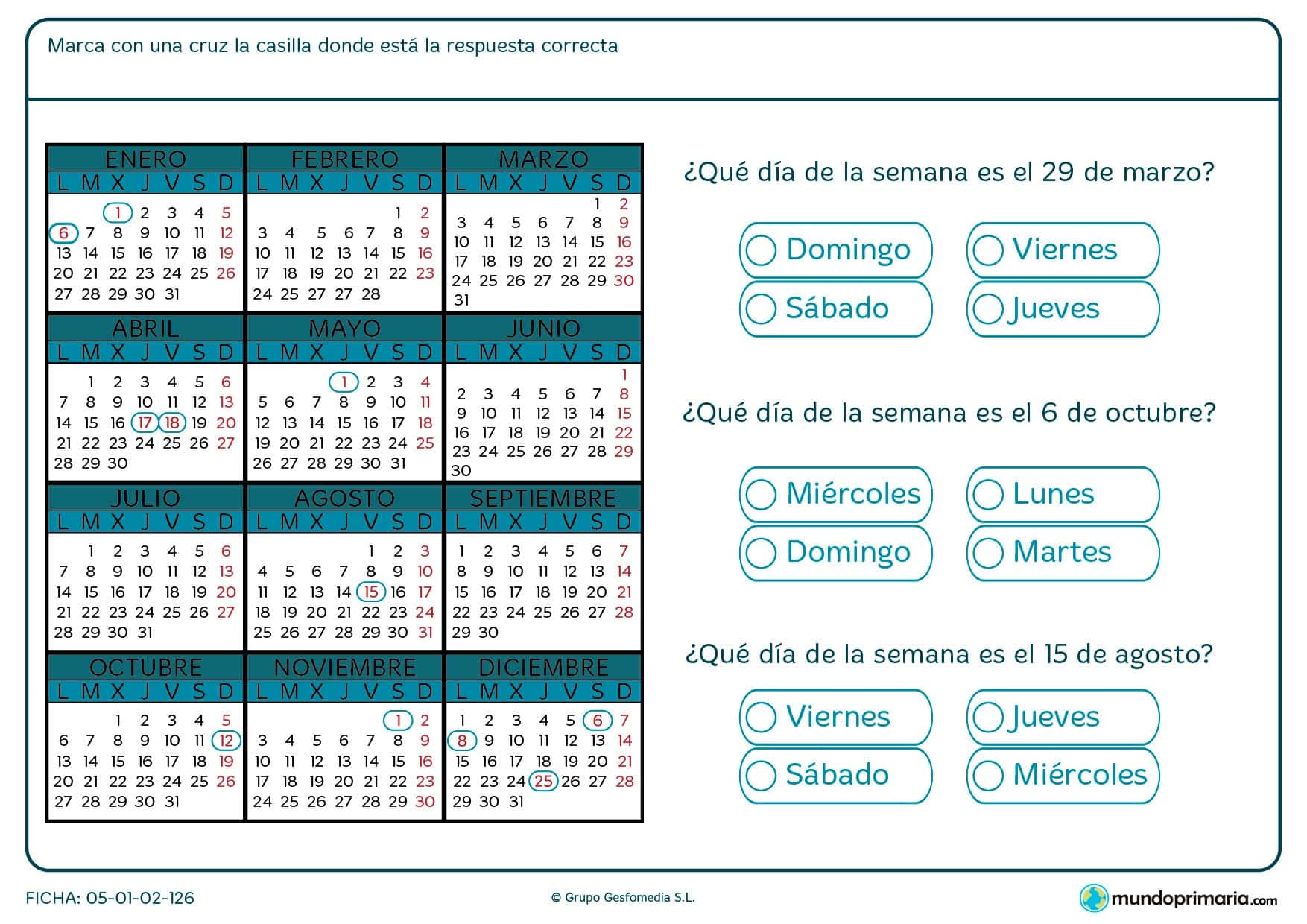 Ficha de calendario en la que deberás encontrar un día del año concreto que se te pide dentro de un calendario.