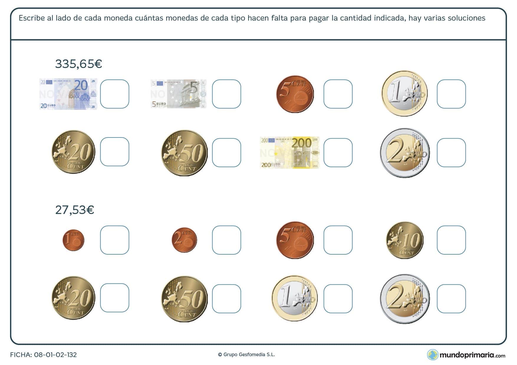 Ficha de cantidad de monedas o billetes para poder obtener una determinada cantidad.