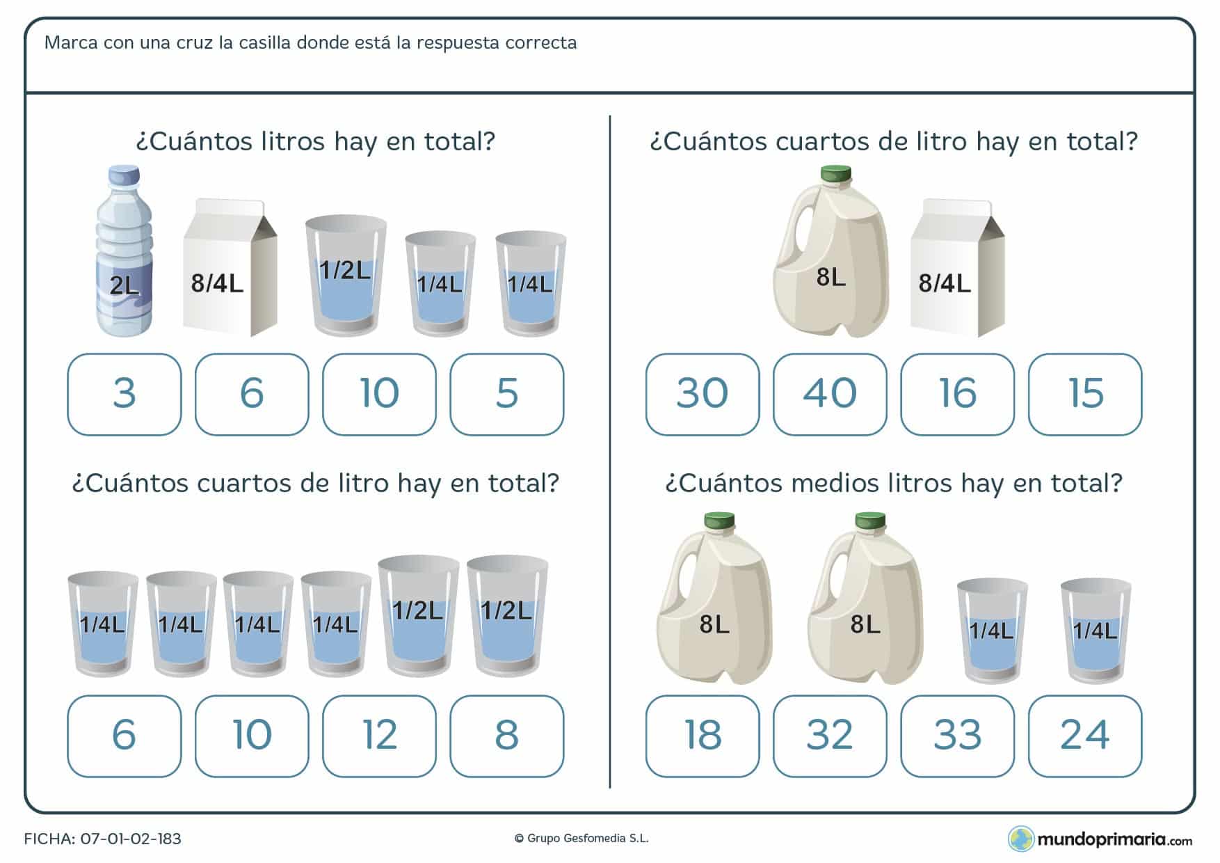 Ficha de capacidad de envases que has de sumar para poder marcar la respuesta correcta.