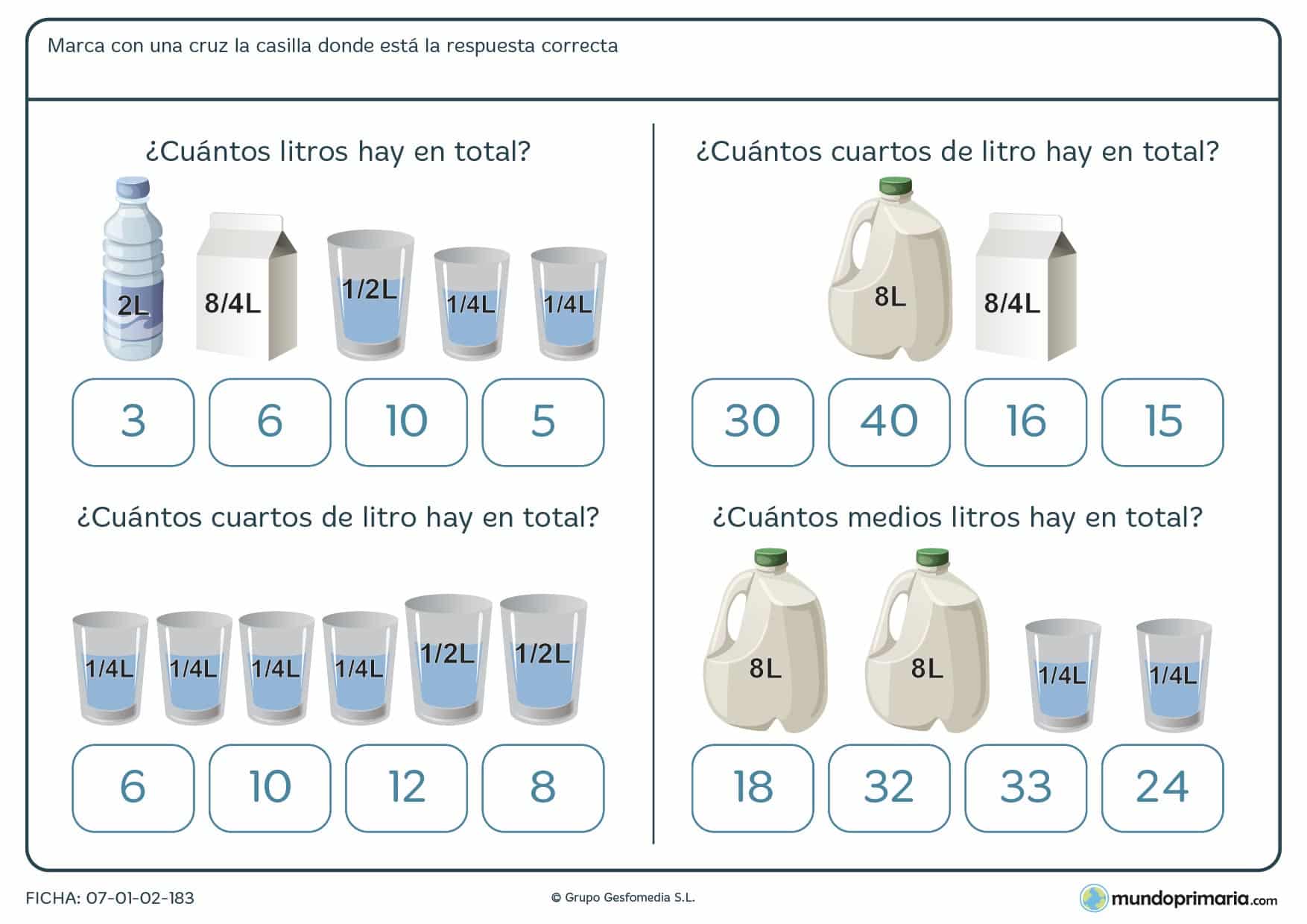 Ficha de capacidad de envases que has de sumar para poder marcar la respuesta correcta.