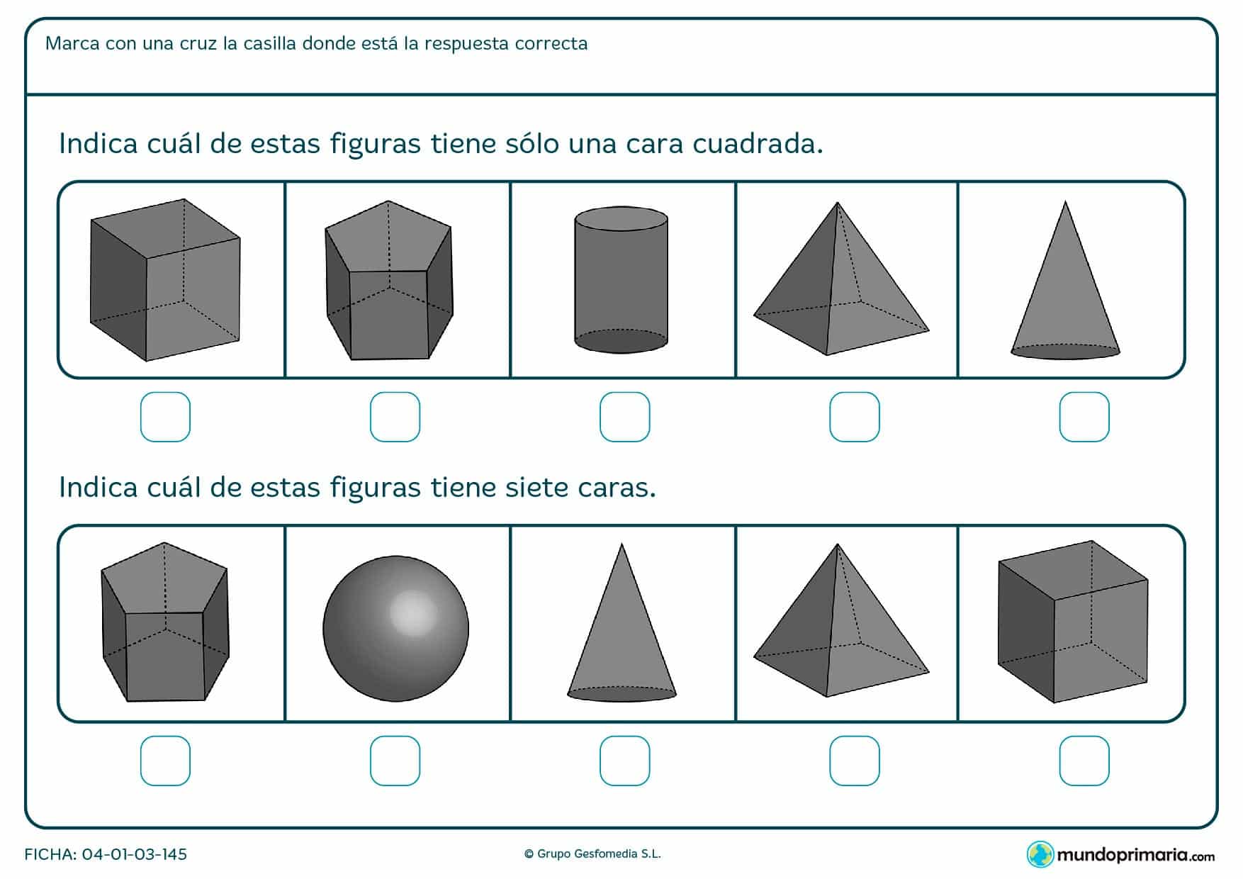 Ficha de caras de figuras geométricas para marccar según su número de caras o de alguna particularidad de estas.