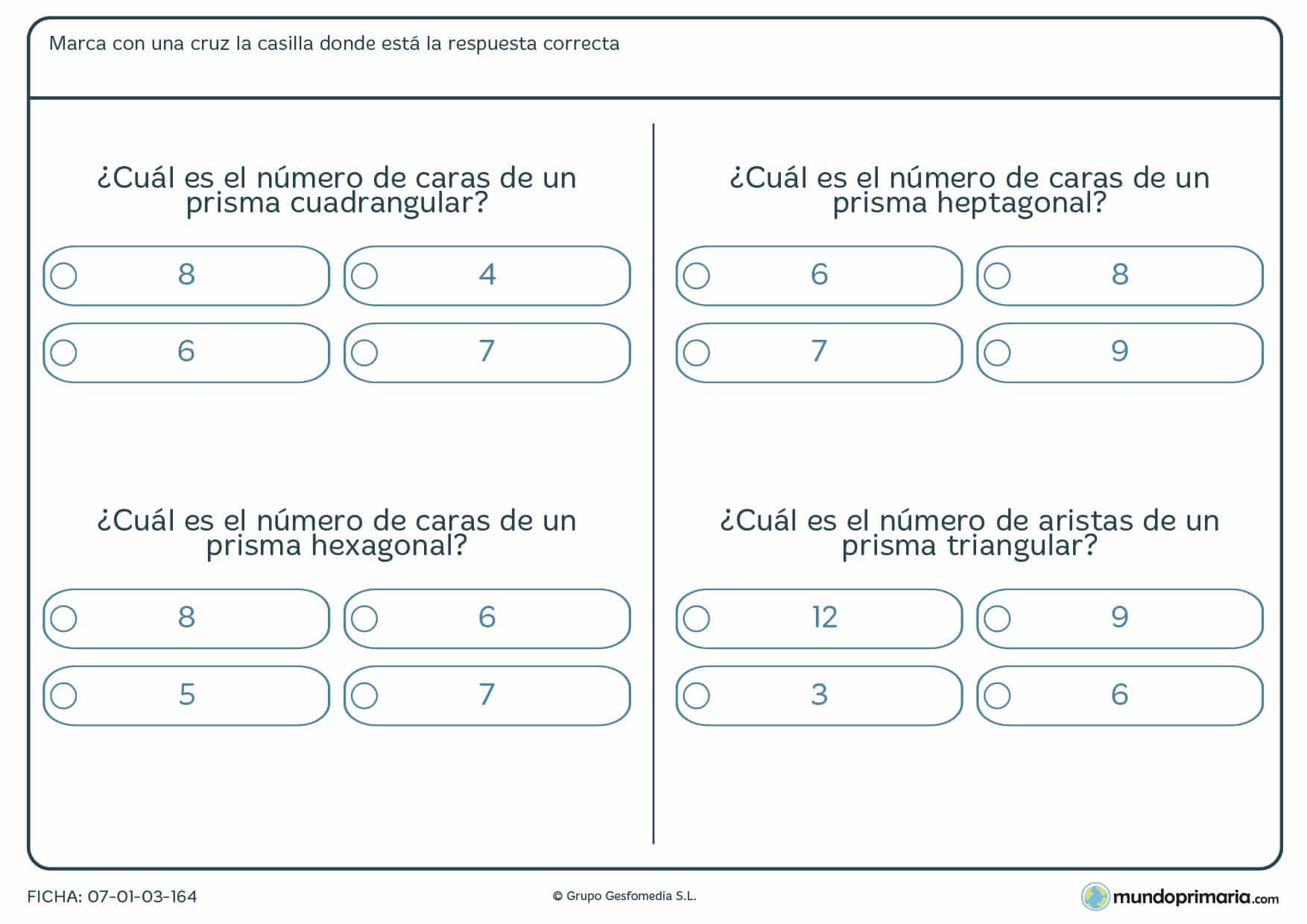 Ficha de caras de un prisma. Marca cuántas caras tiene un prima diciéndote que prisma es.