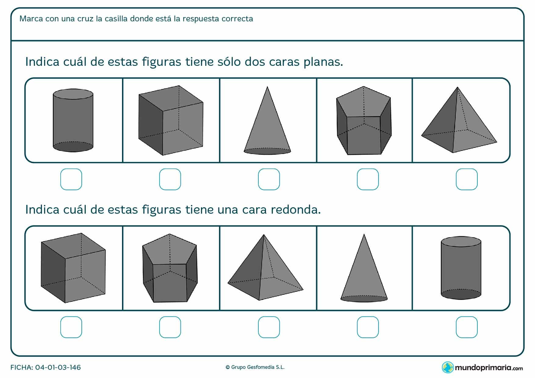 Ficha de caras planas en la que contarás las caras planas o señalarás la que no lo sea para primaria.