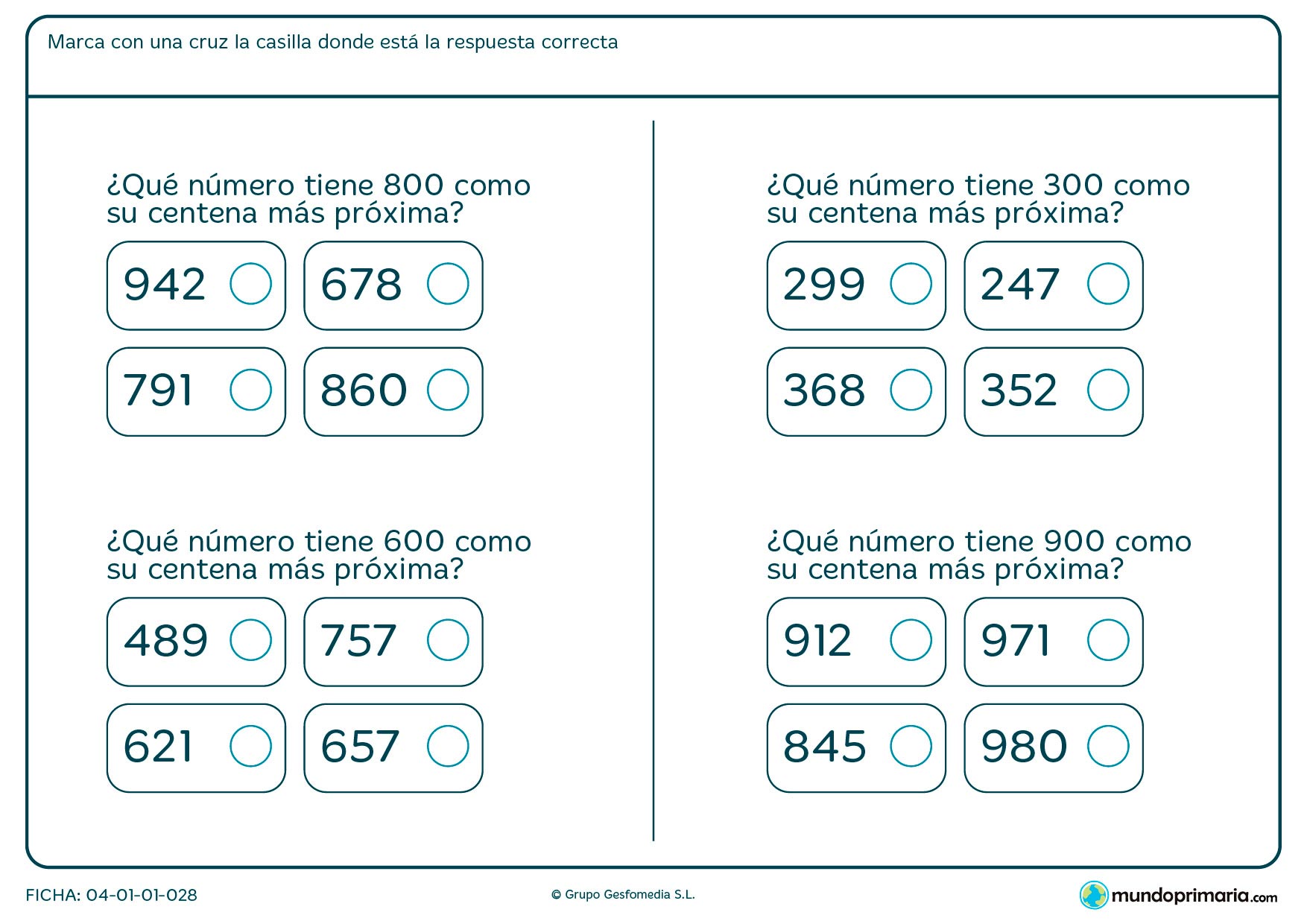 Ficha de centenas más próximas al los números que aparecen en la imagen