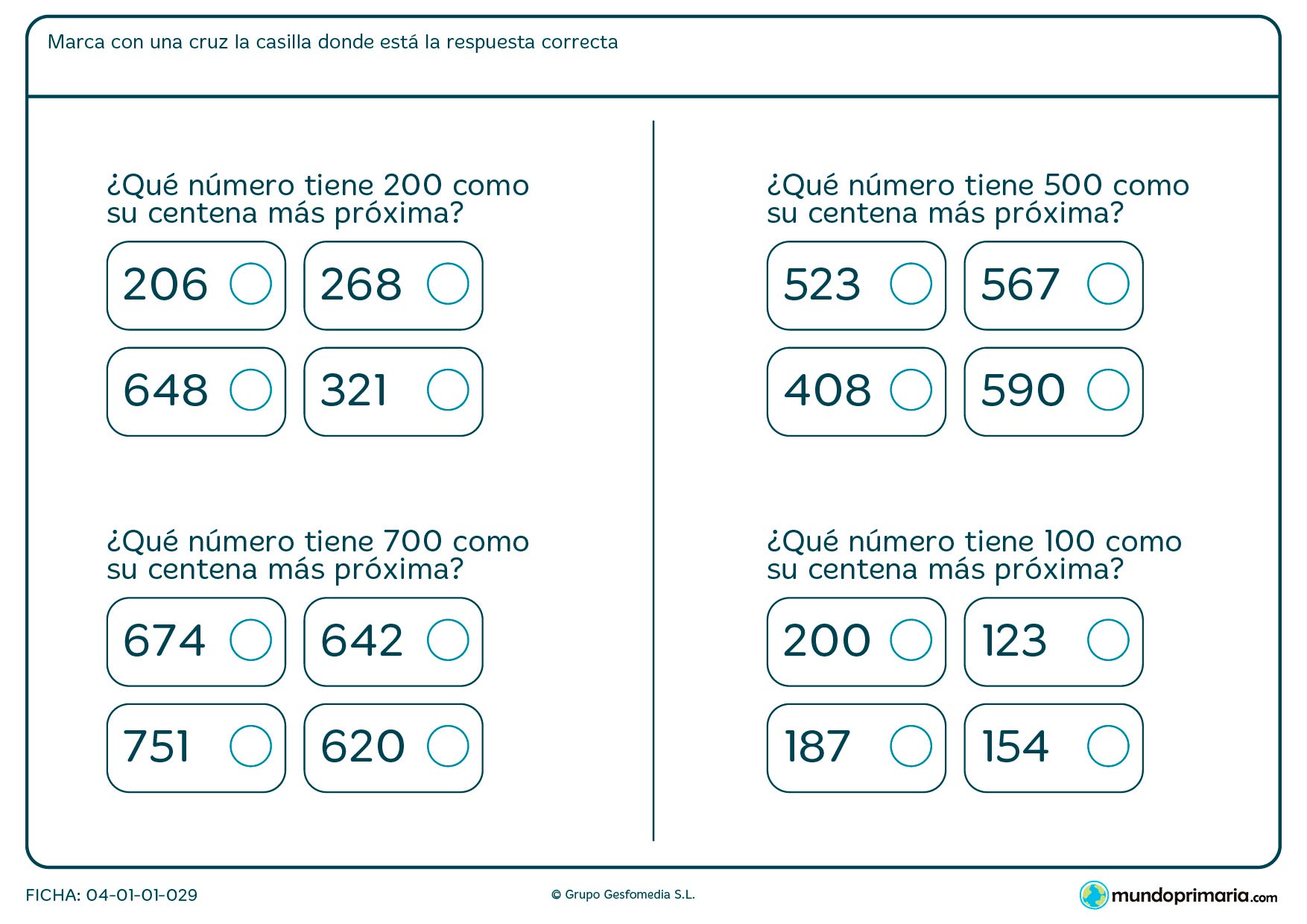 Ficha de cercanía de centenas con respecto a los números que aparecen en la ficha.