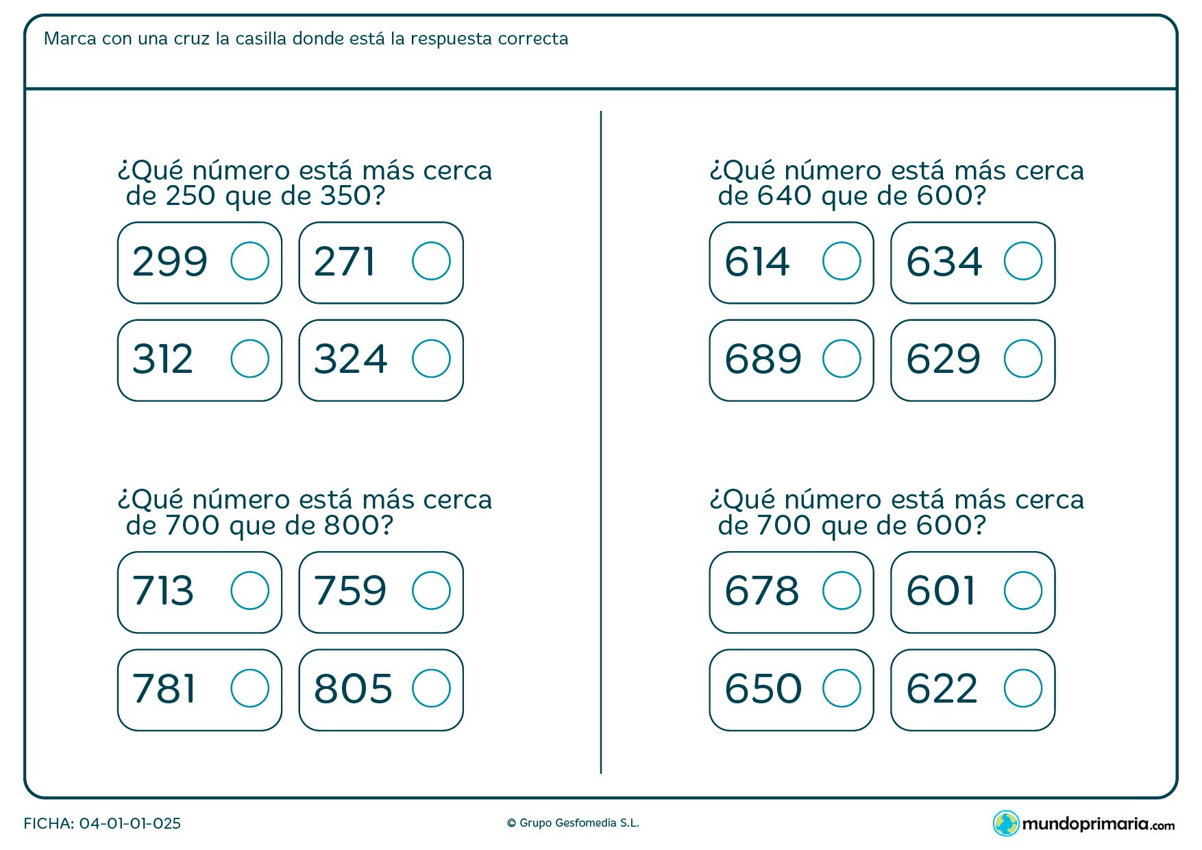 Ficha de cercanía entre números en la que has de señalar el más cercano al que te sugerimos.